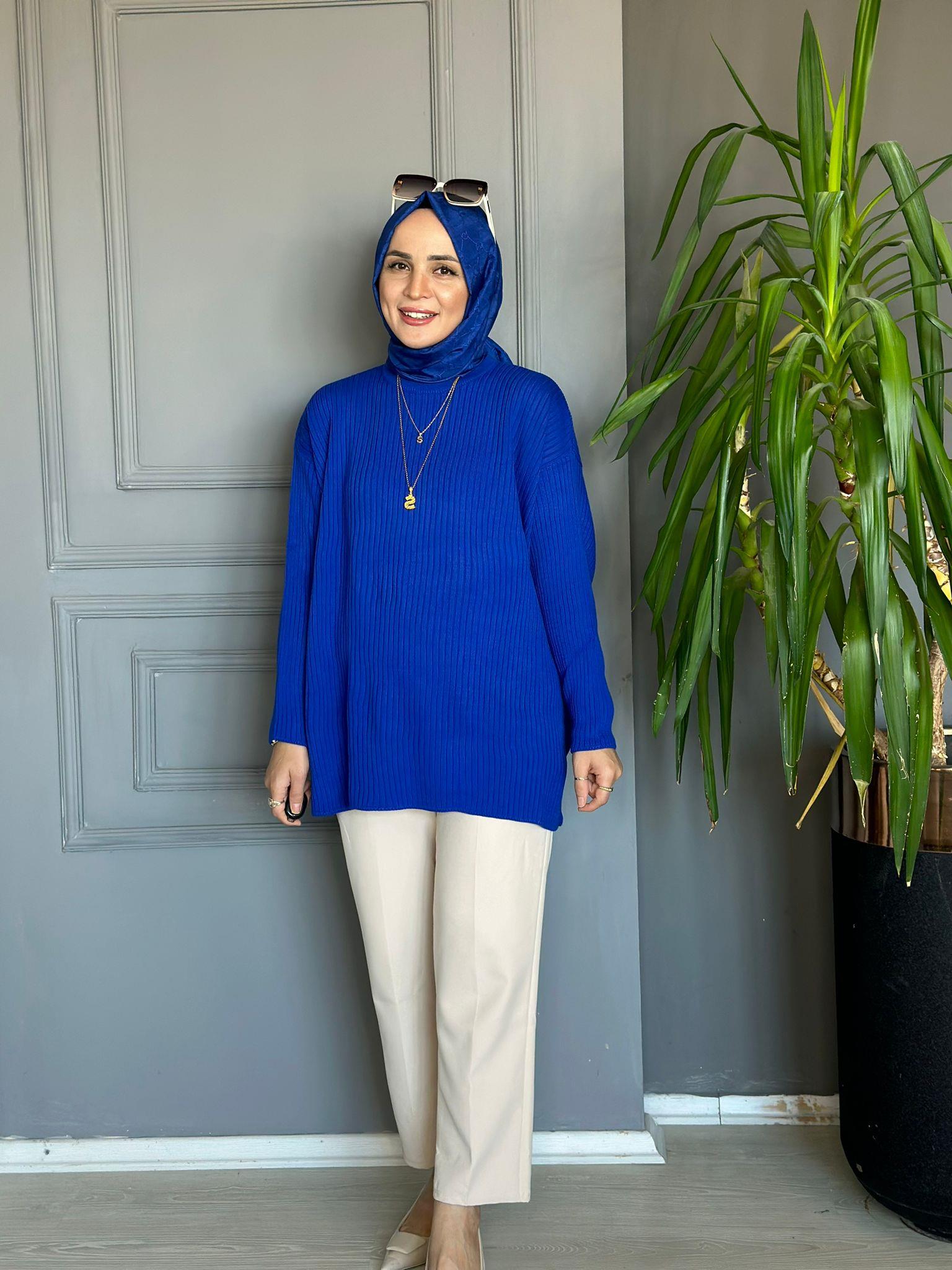 80038 TRİKO ÇİZGİLİ KAZAK MAVİ