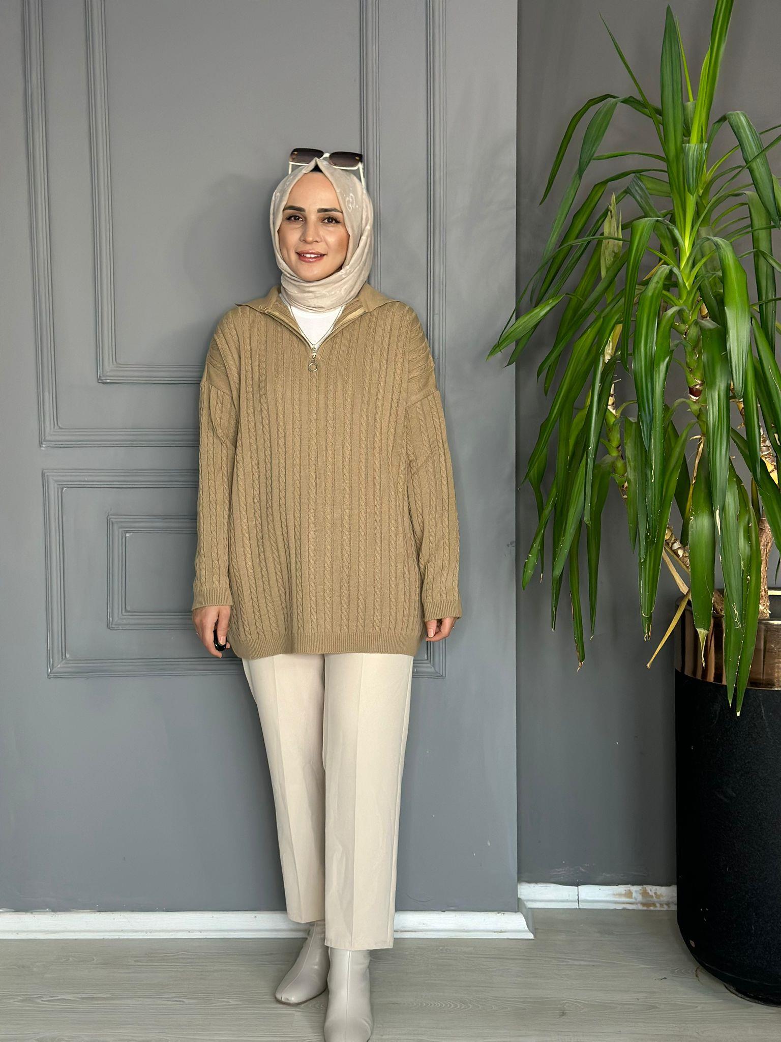 80131 FERMUARLI ÖRGÜ KAZAK CAMEL