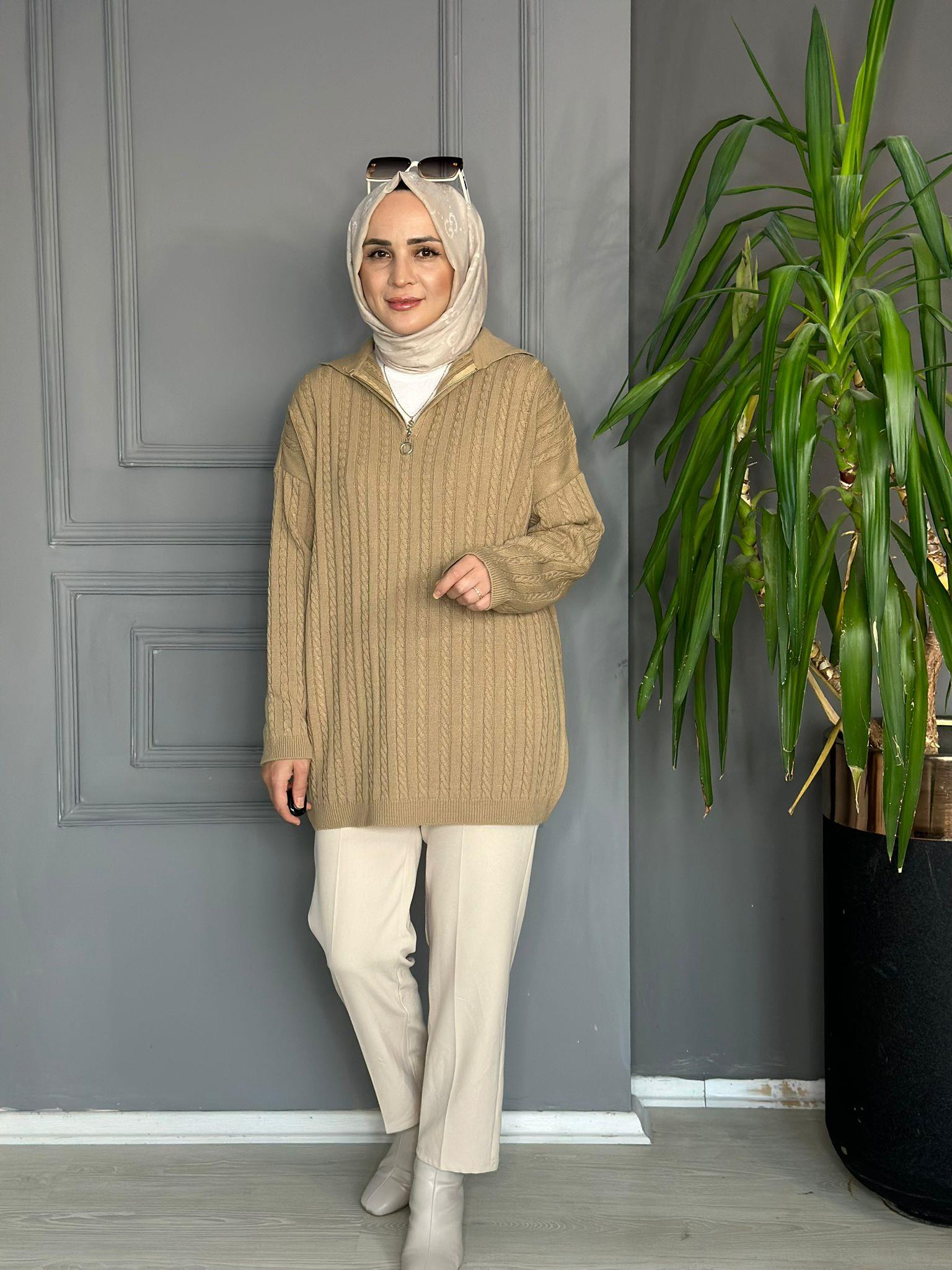 80131 FERMUARLI ÖRGÜ KAZAK CAMEL