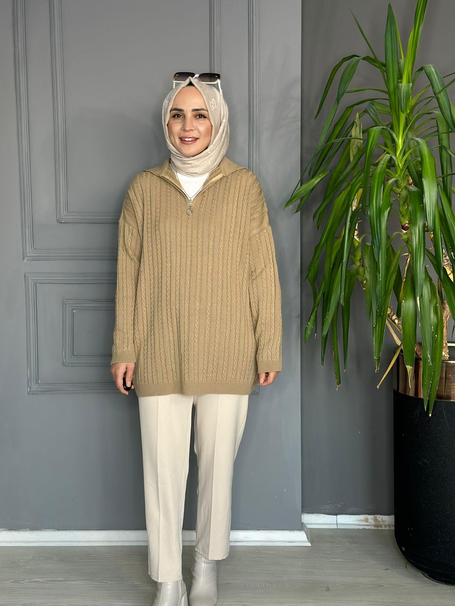 80131 FERMUARLI ÖRGÜ KAZAK CAMEL