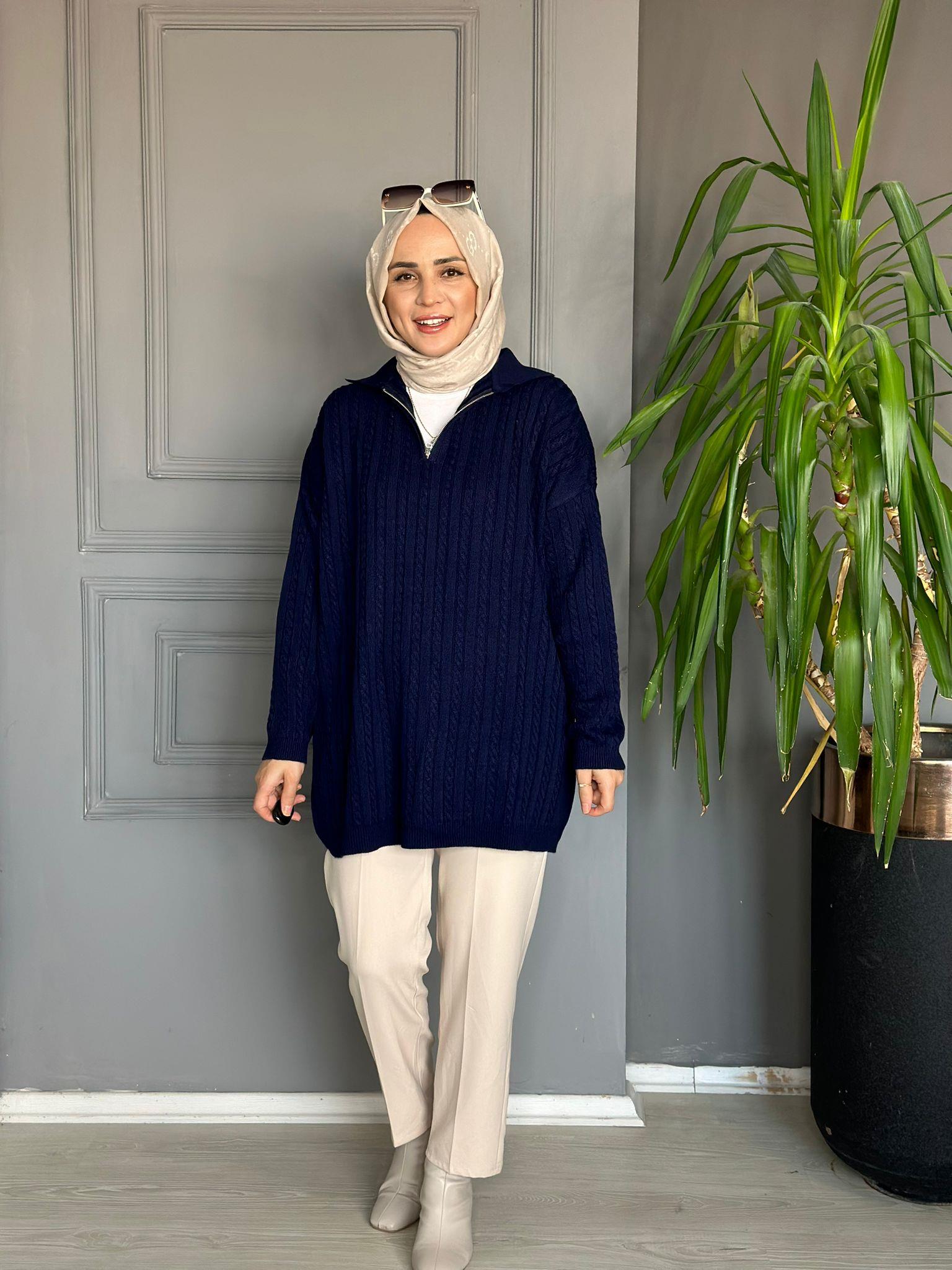 80131 FERMUARLI ÖRGÜ KAZAK LACİVERT 