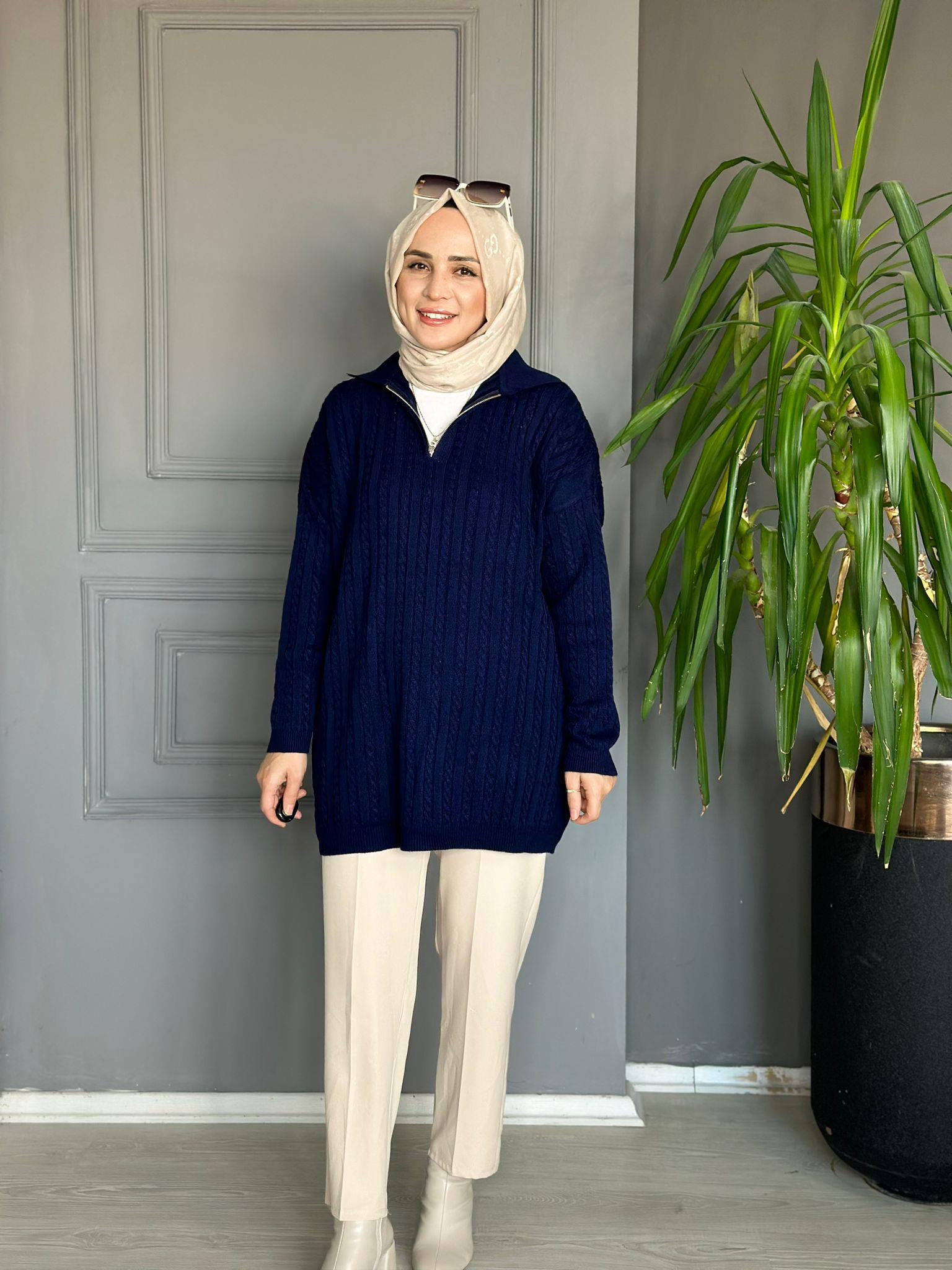 80131 FERMUARLI ÖRGÜ KAZAK LACİVERT 