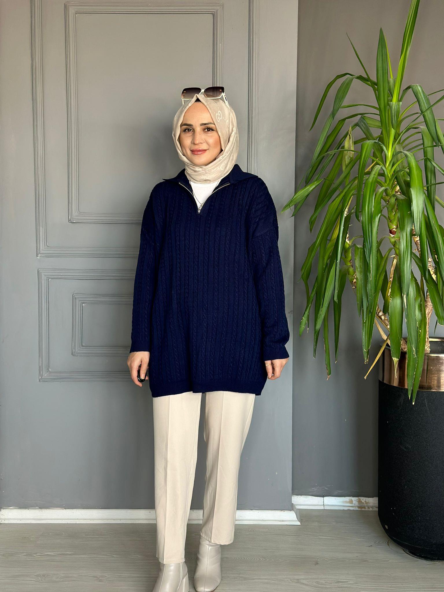 80131 FERMUARLI ÖRGÜ KAZAK LACİVERT 