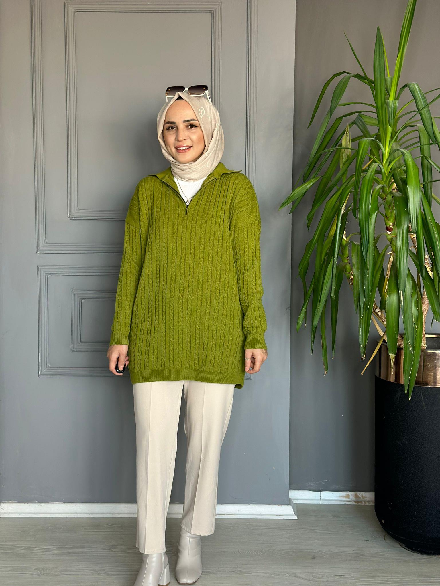 80131 FERMUARLI ÖRGÜ KAZAK YAĞ YEŞİL 