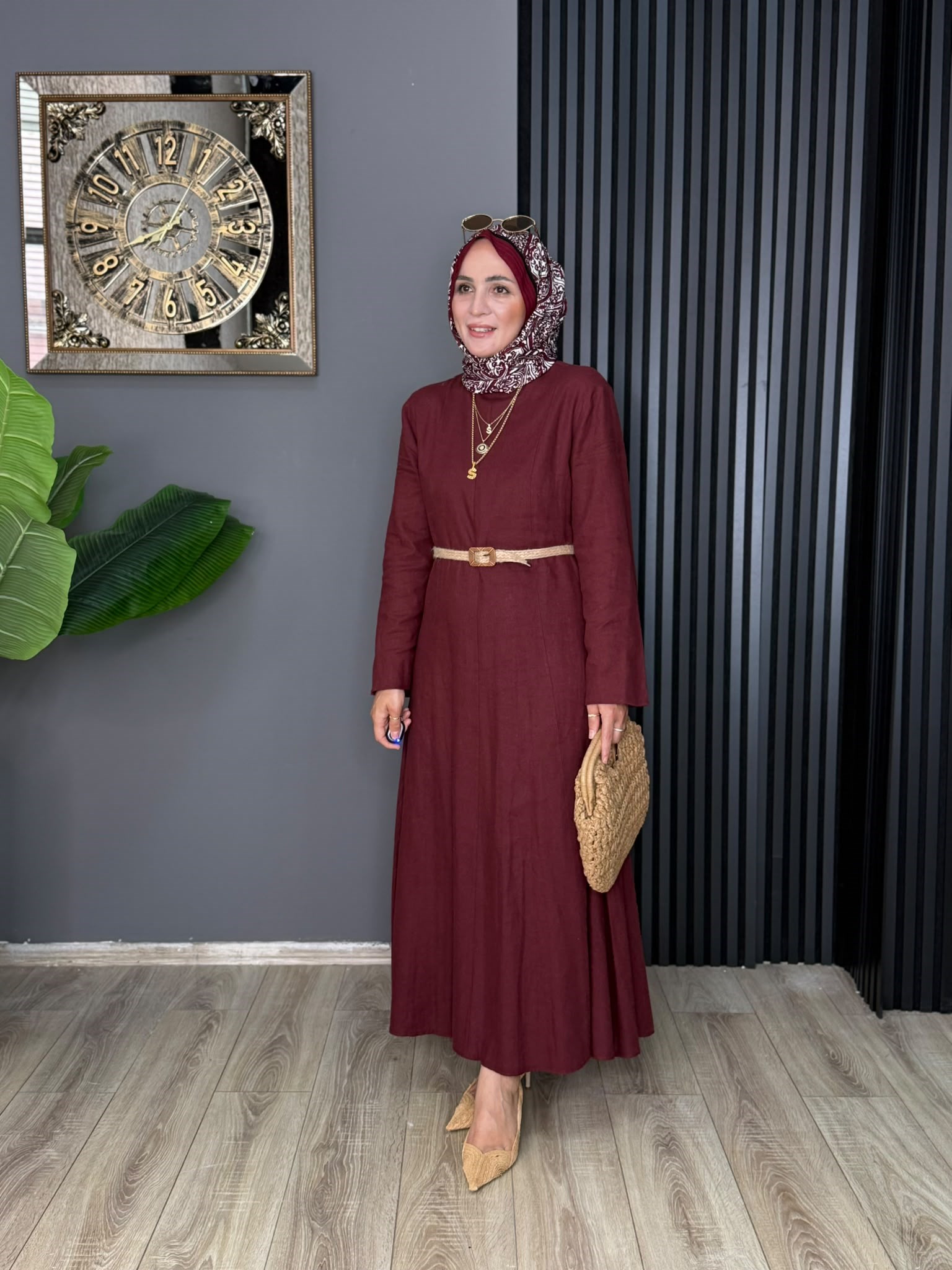 8401 HAM KETEN ELBİSE BORDO 