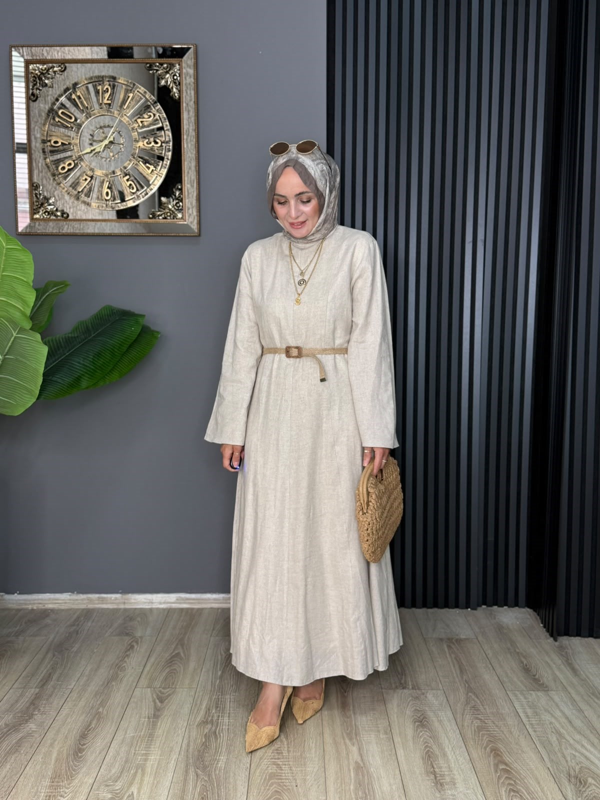 8401 HAM KETEN ELBİSE KREM