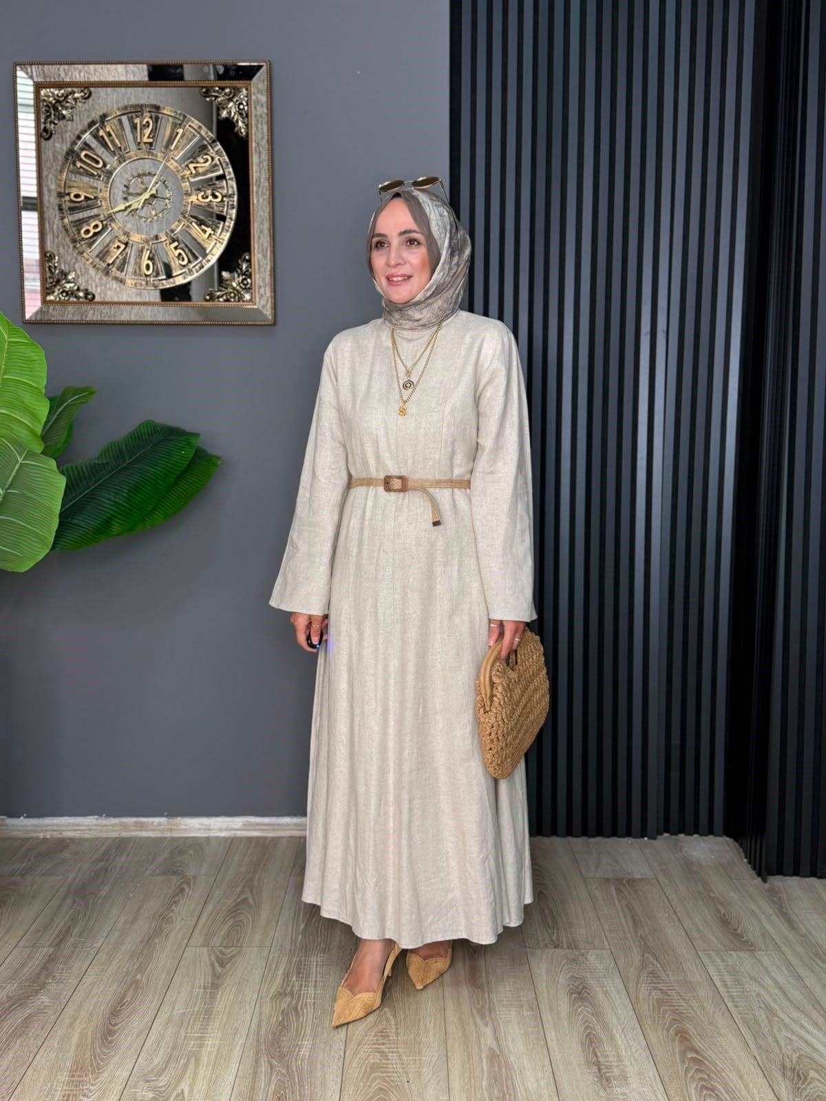 8401 HAM KETEN ELBİSE KREM