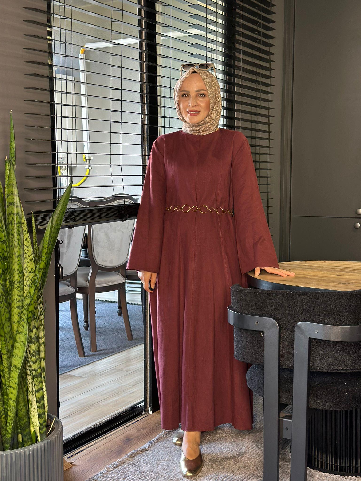 8401 KETEN HASIR KEMERLİ ELBİSE BORDO