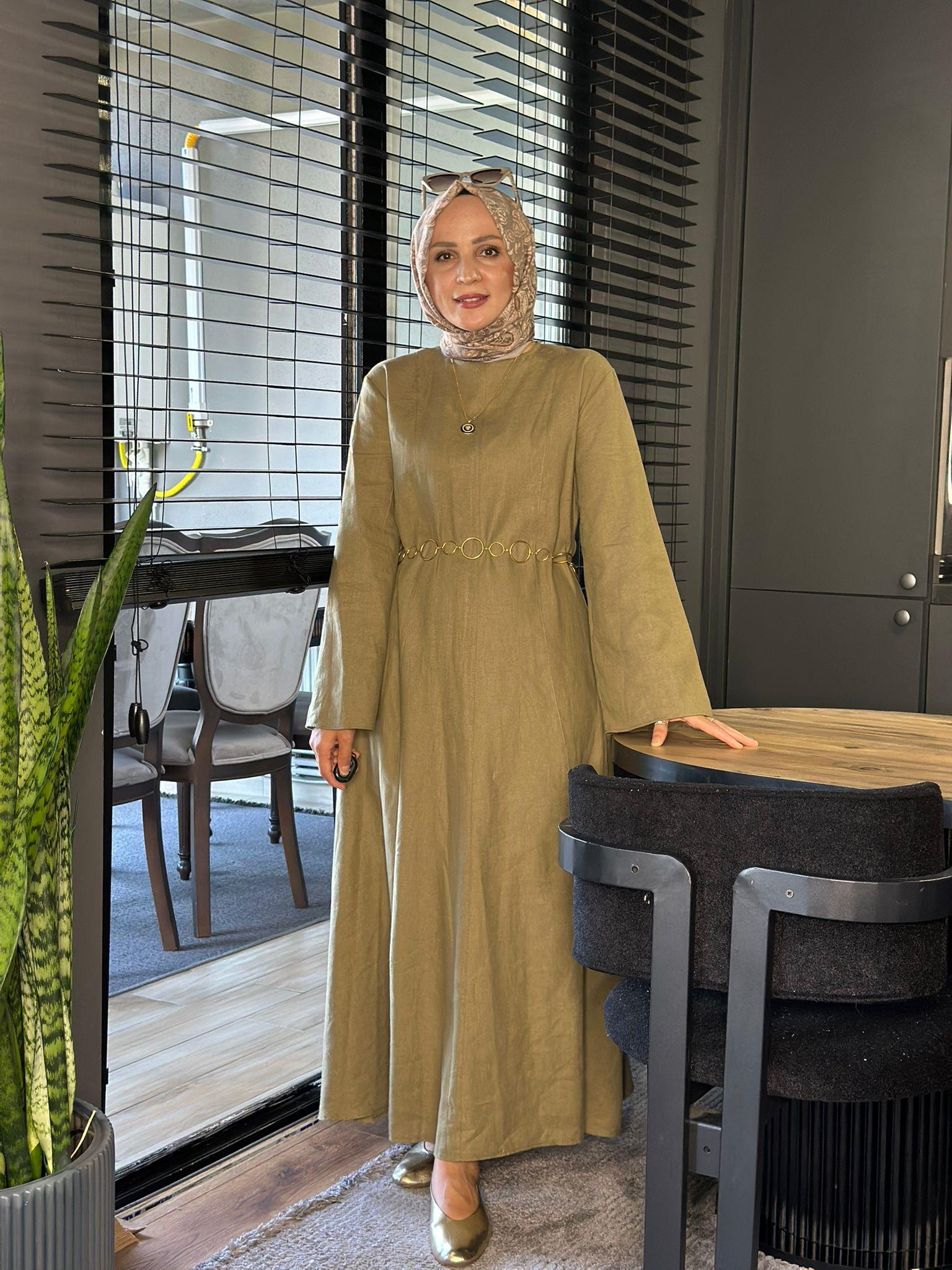 8401 KETEN HASIR KEMERLİ ELBİSE HAKİ