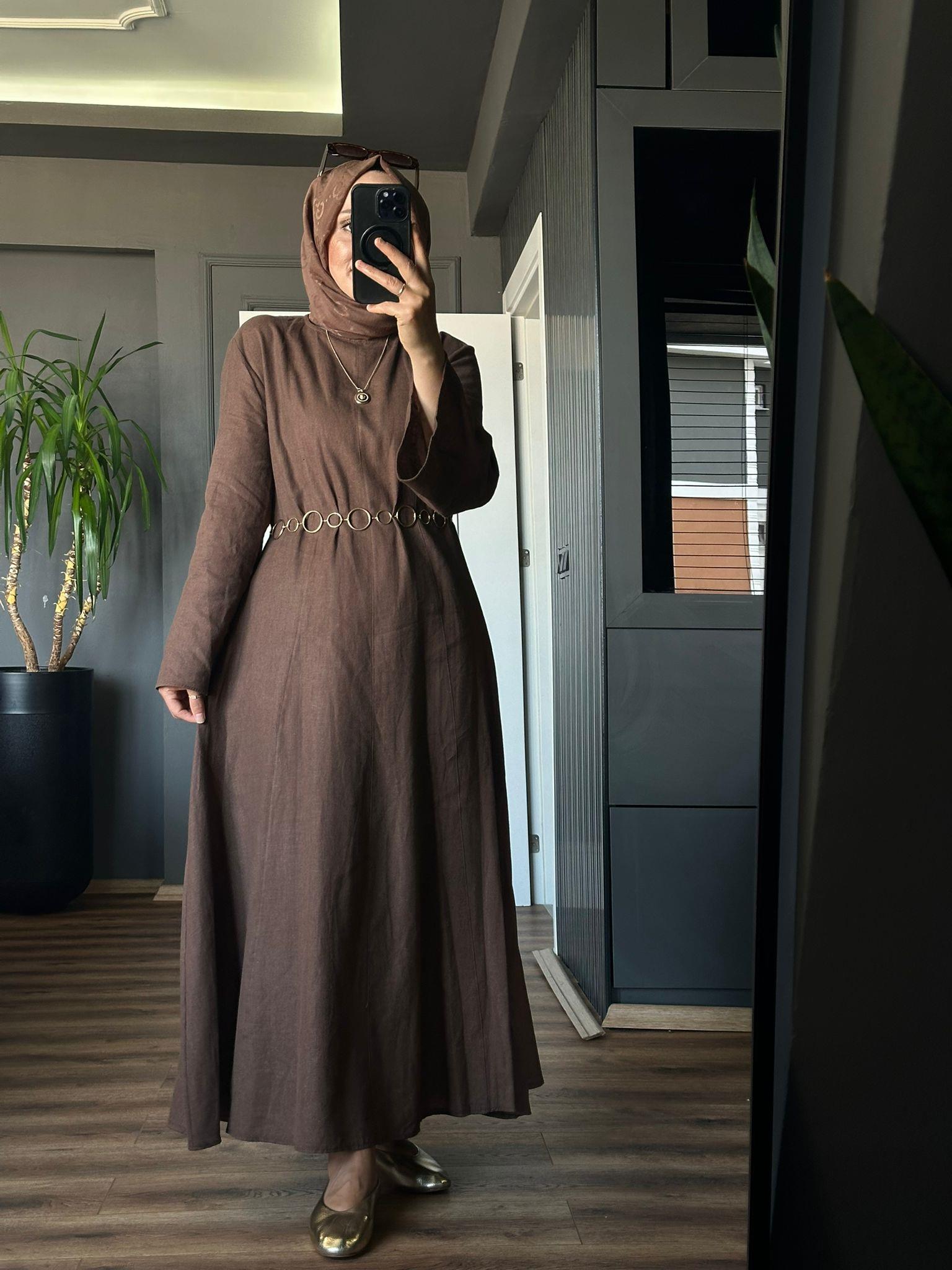 8401 KETEN HASIR KEMERLİ ELBİSE KAHVERENGİ 