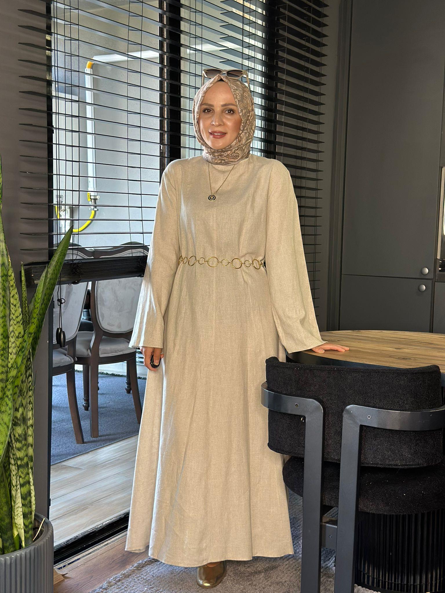 8401 KETEN HASIR KEMERLİ ELBİSE TAŞ