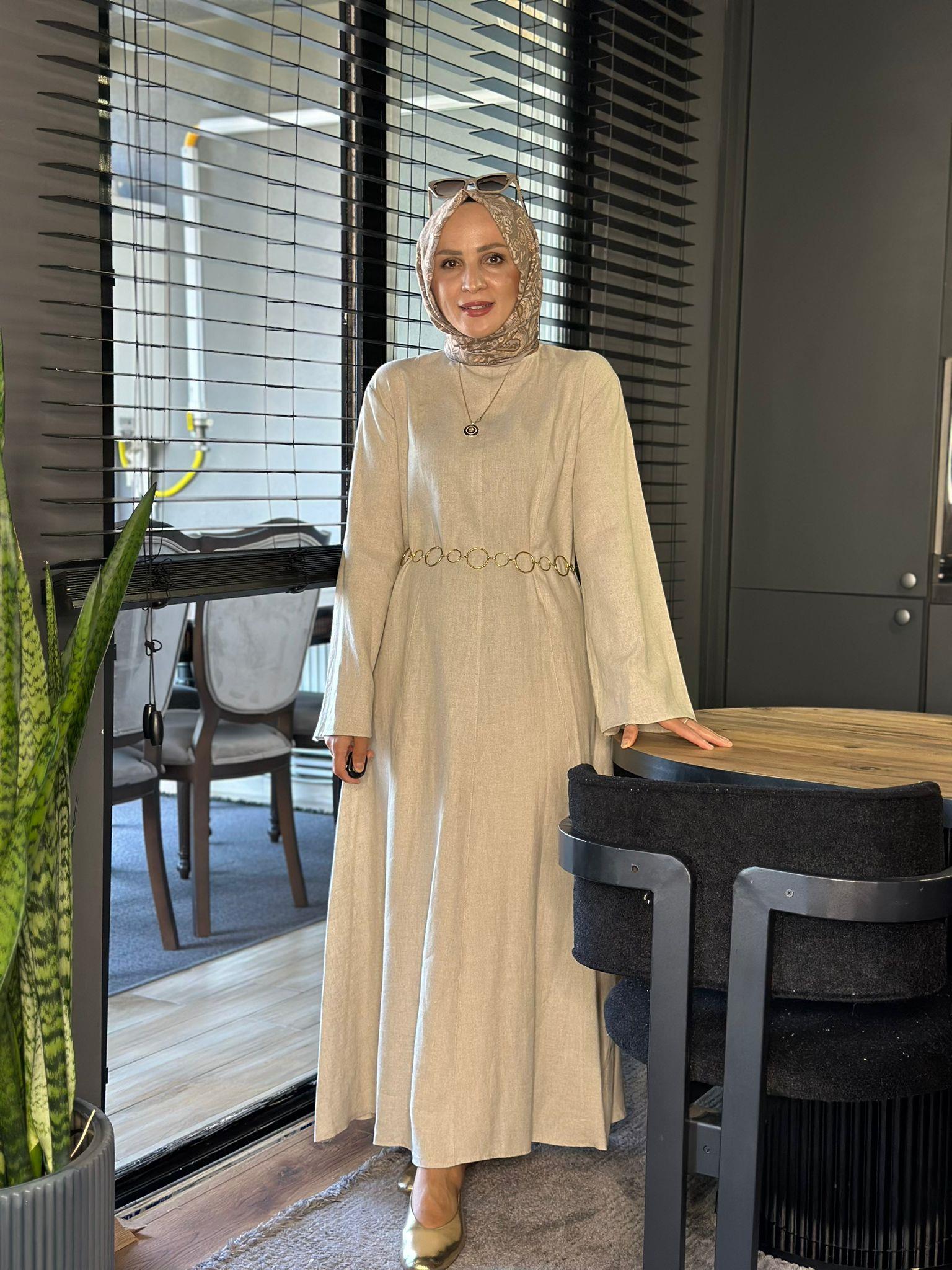 8401 KETEN HASIR KEMERLİ ELBİSE TAŞ