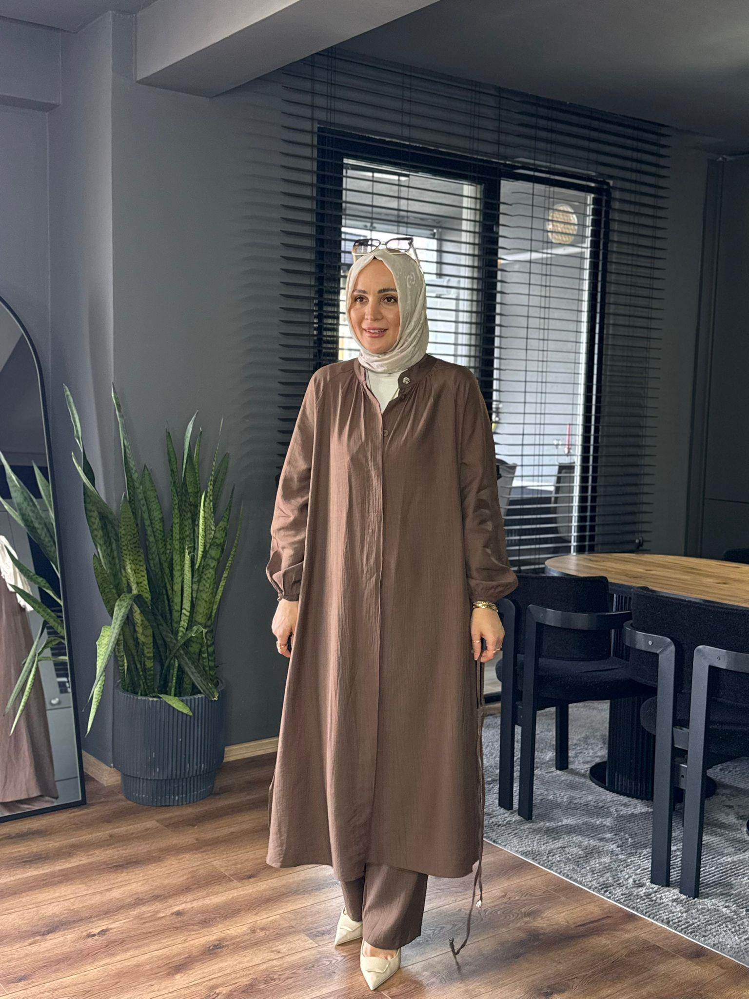8609 BEL BAĞLAMA DETAY İKİLİ TAKIM KAHVERENGİ 38