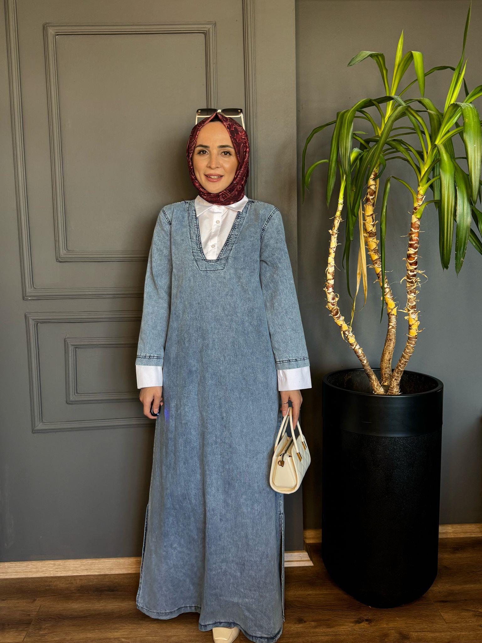 9333 GÖMLEK DETAY KOT ELBISE MAVI 38