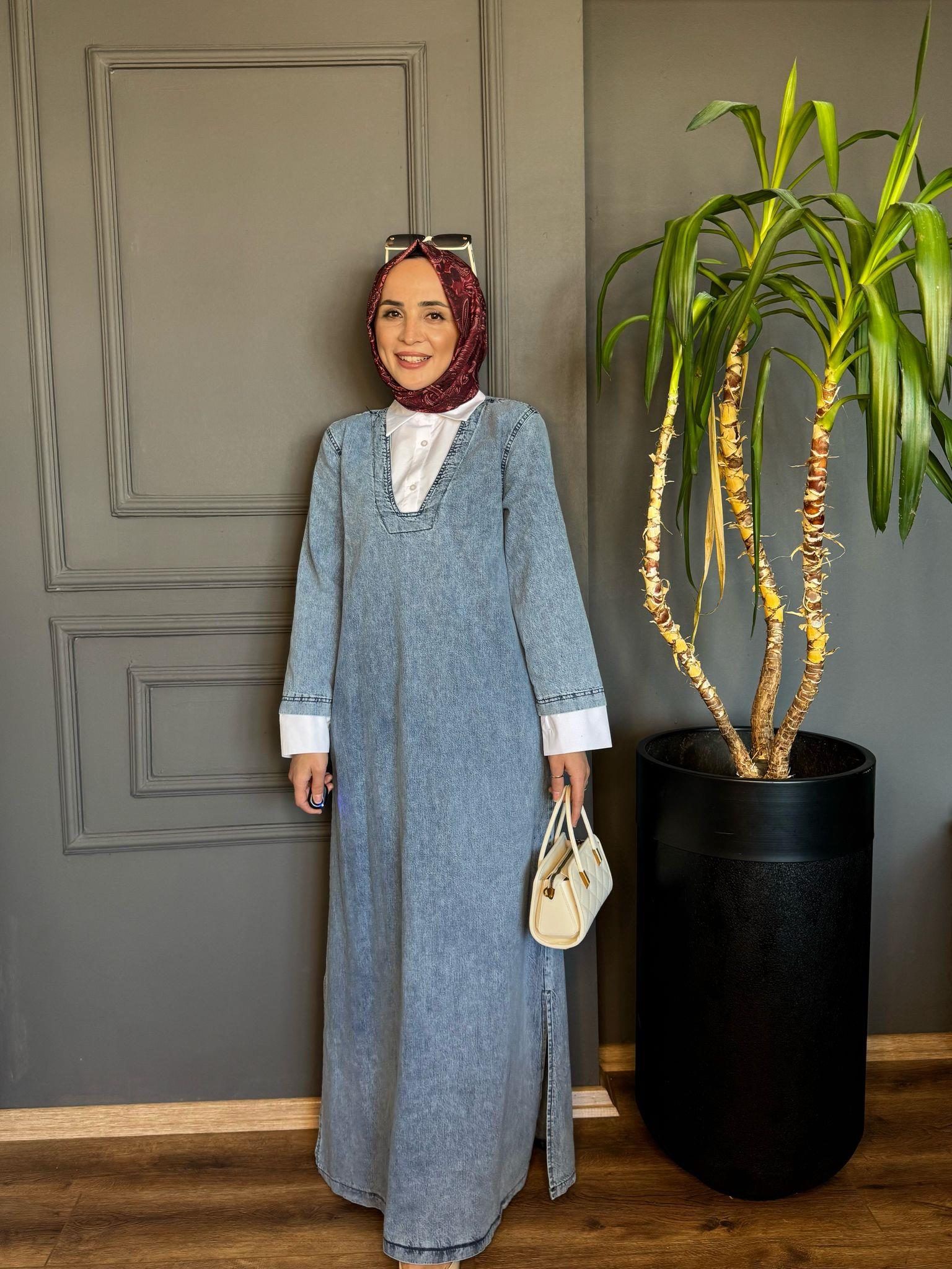 9333 GÖMLEK DETAY KOT ELBISE MAVI 38