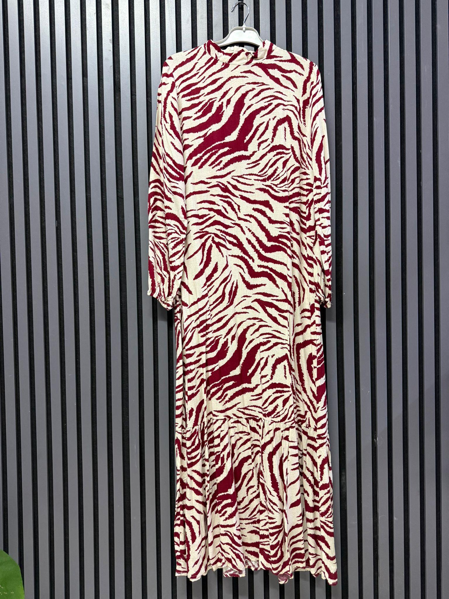 DESENLİ VİSKON ELBİSE BORDO 