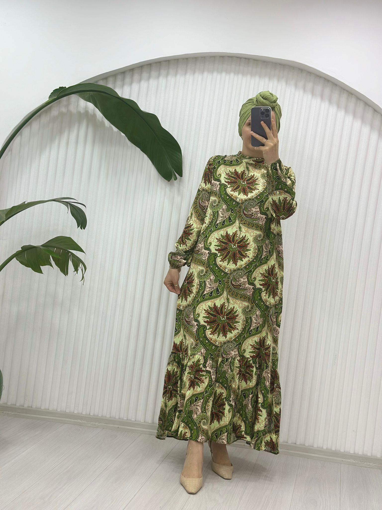 ETNİK DESEN YEŞİL ELBİSE 