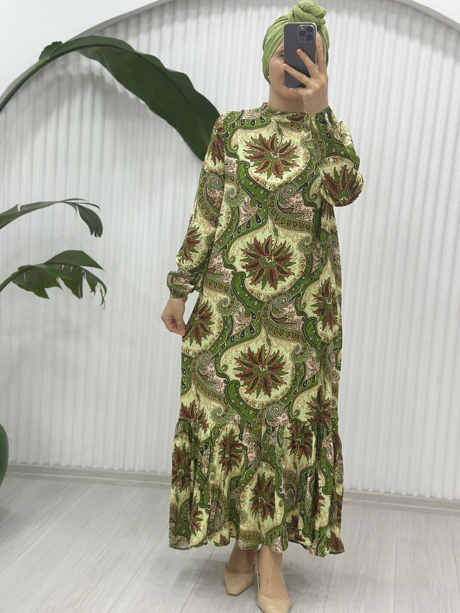 ETNİK DESEN YEŞİL ELBİSE 