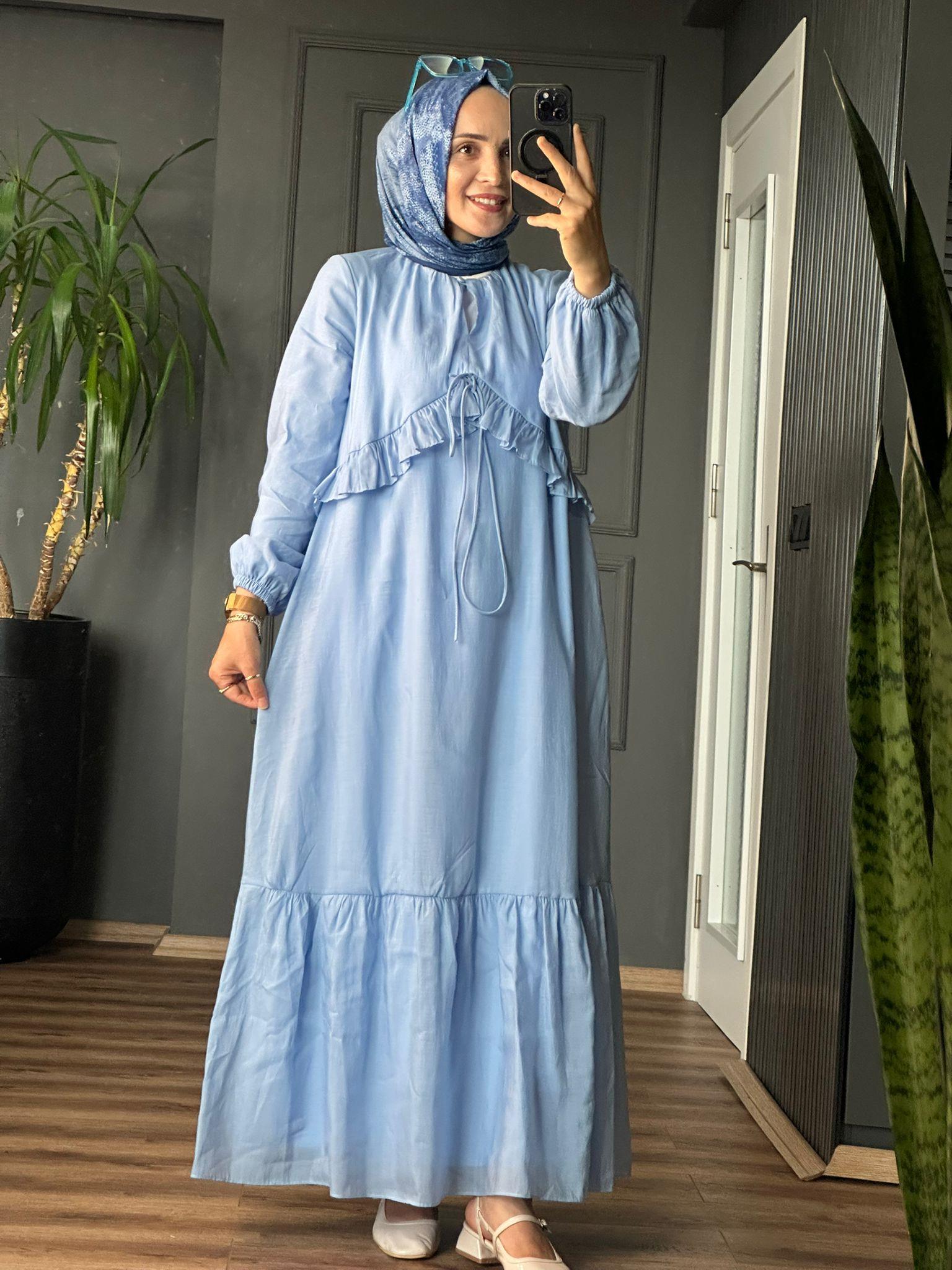 FIRFIR İP DETAYLI MAVİ ELBİSE