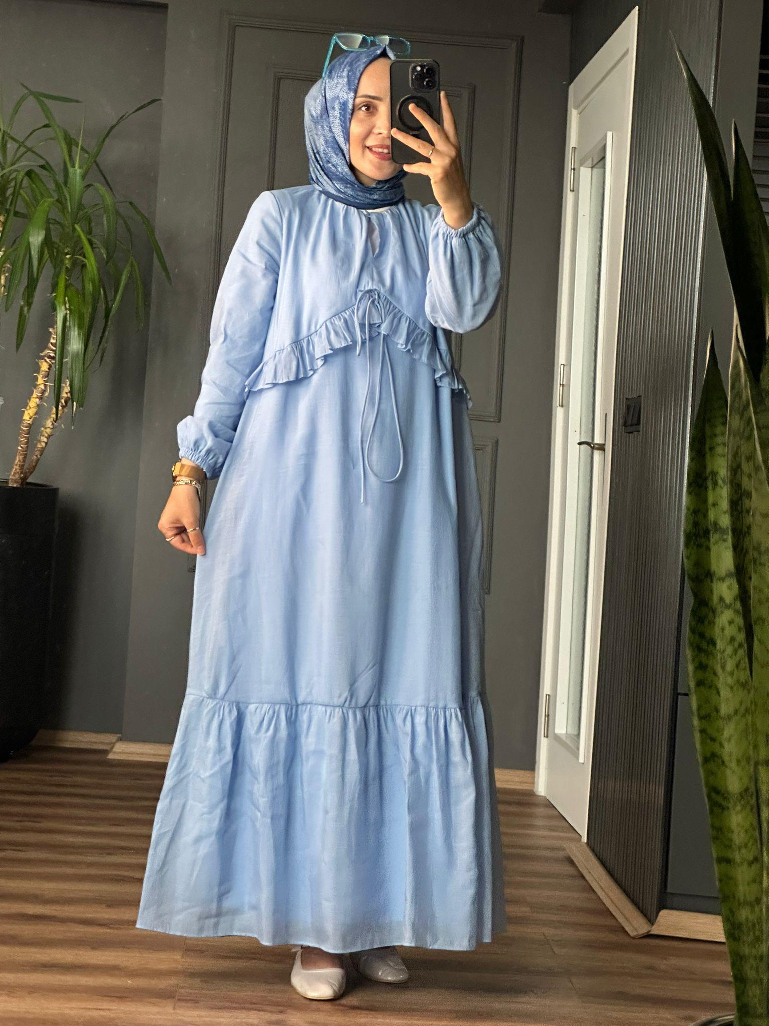 FIRFIR İP DETAYLI MAVİ ELBİSE