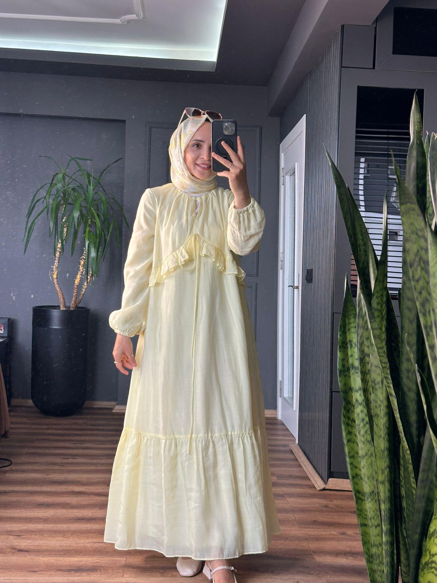 FIRFIR İP DETAYLI SARI ELBİSE 