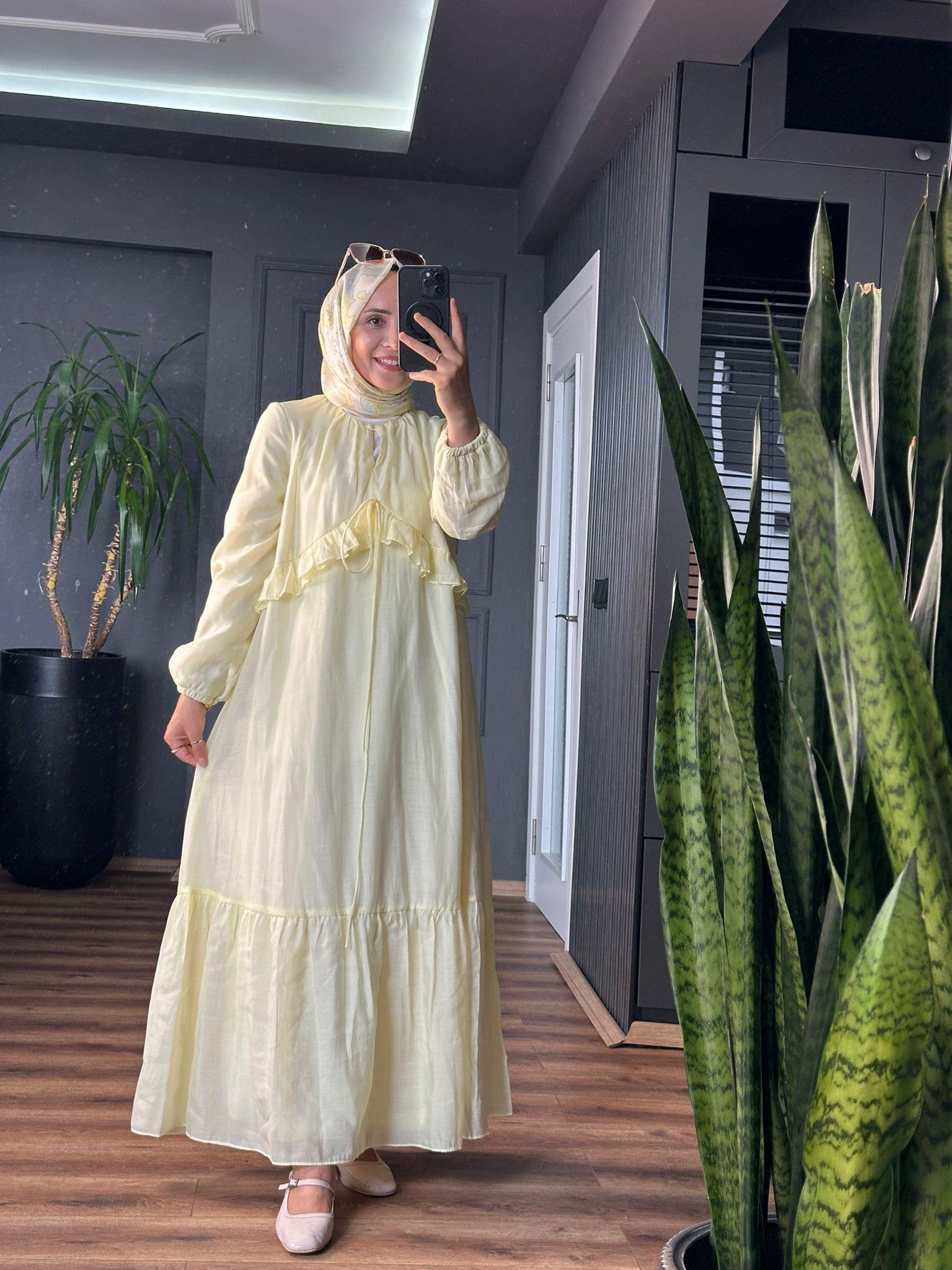 FIRFIR İP DETAYLI SARI ELBİSE 
