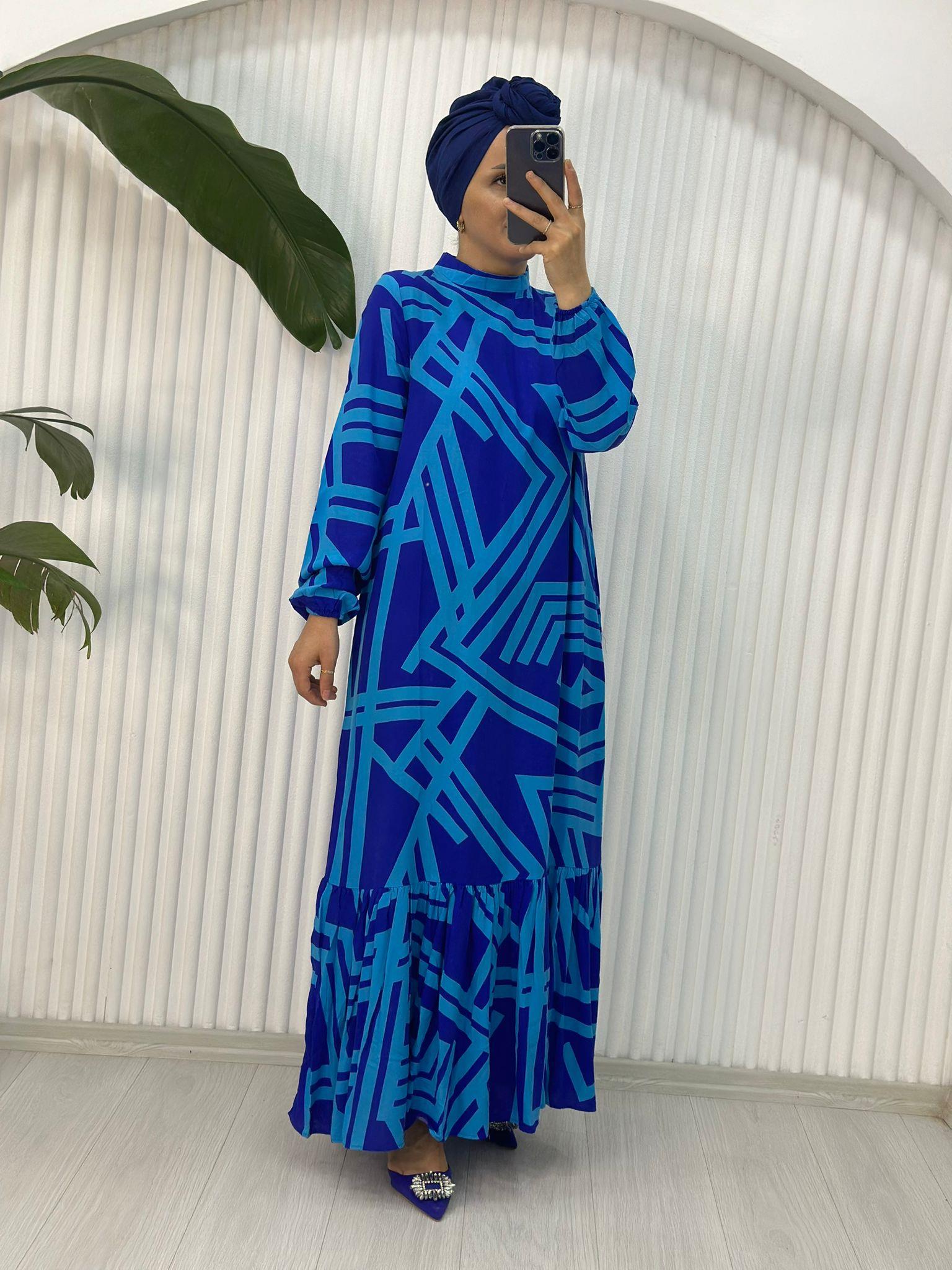 GEOMETRİK DESEN MAVİ ELBİSE 