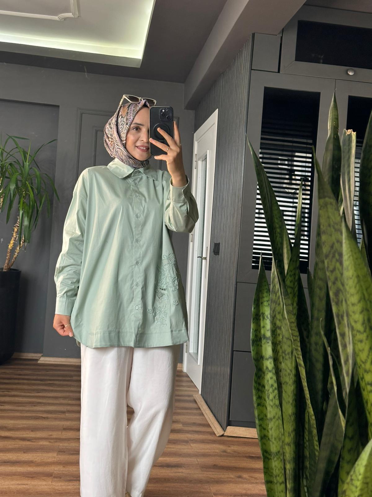 GÜL NAKIŞ TUNİK YEŞİL 