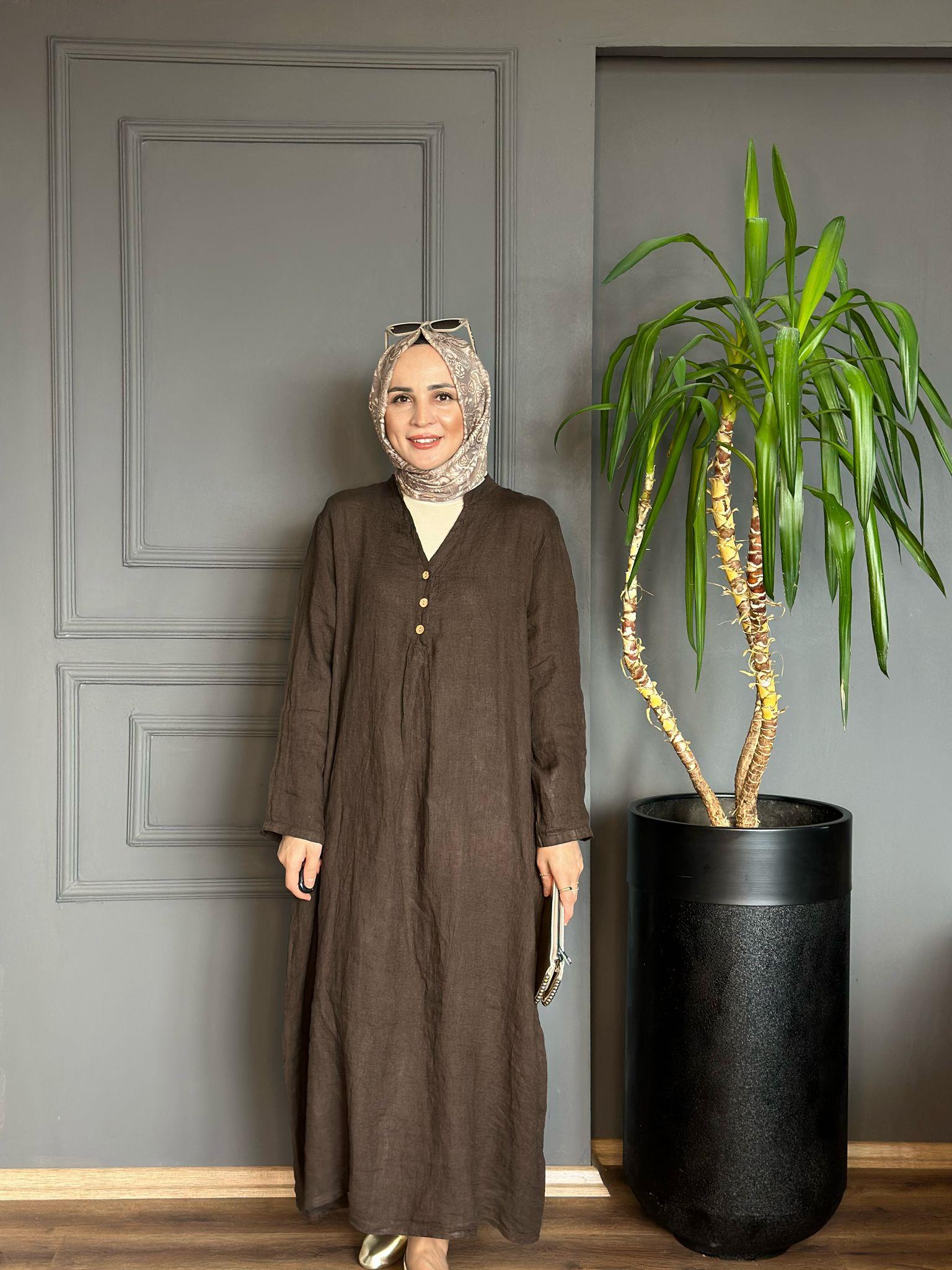 KETEN ELBİSE KAHVERENGİ 