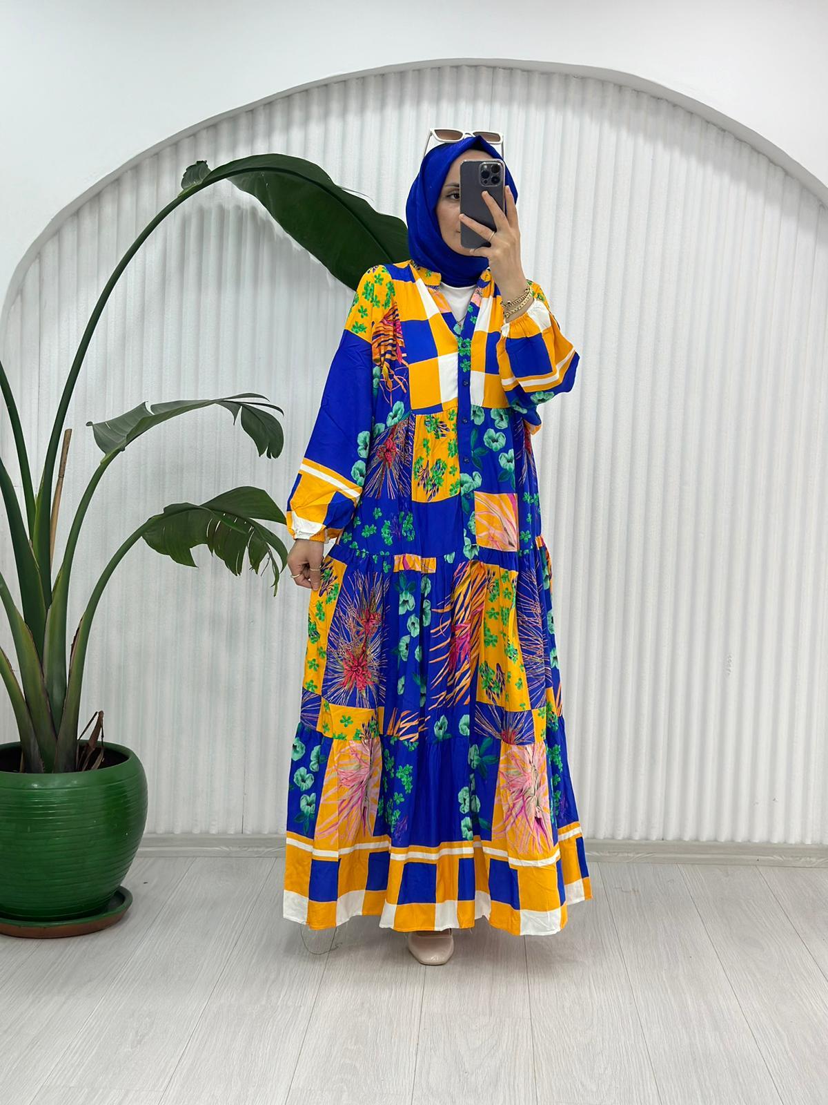 MAVİ SARI ÇİÇEKLİ ELBİSE 