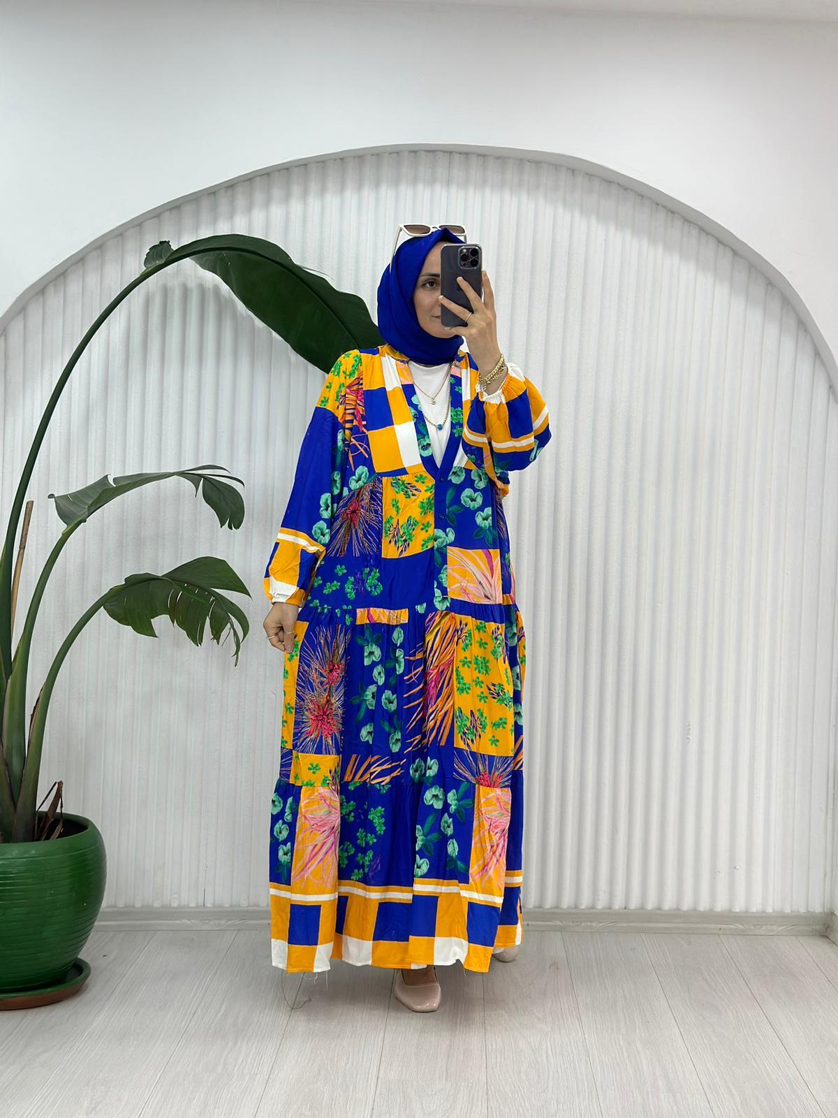 MAVİ SARI ÇİÇEKLİ ELBİSE 