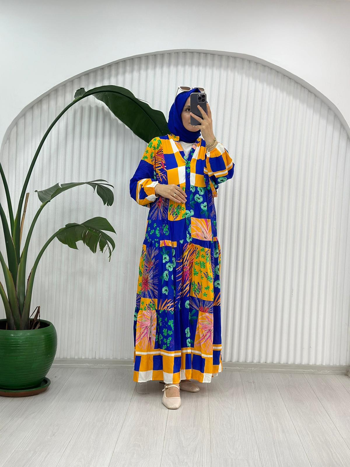 MAVİ SARI ÇİÇEKLİ ELBİSE 