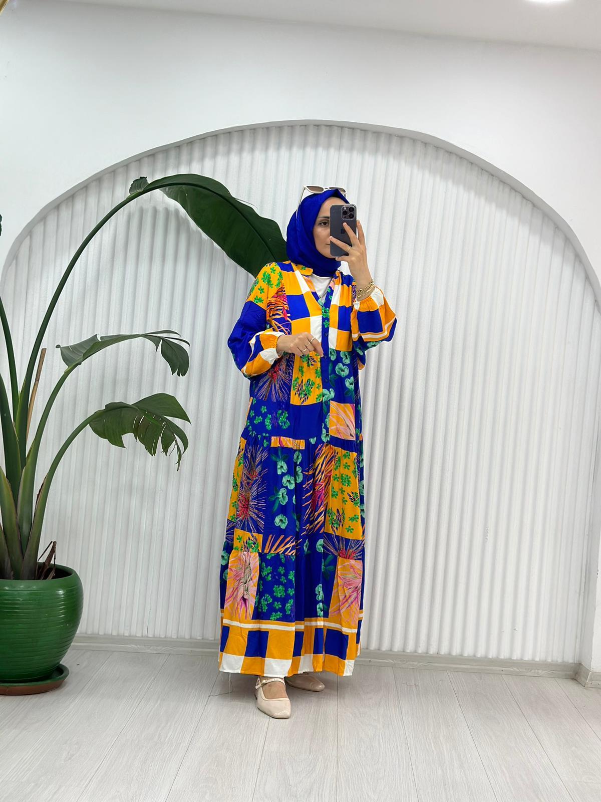 MAVİ SARI ÇİÇEKLİ ELBİSE 