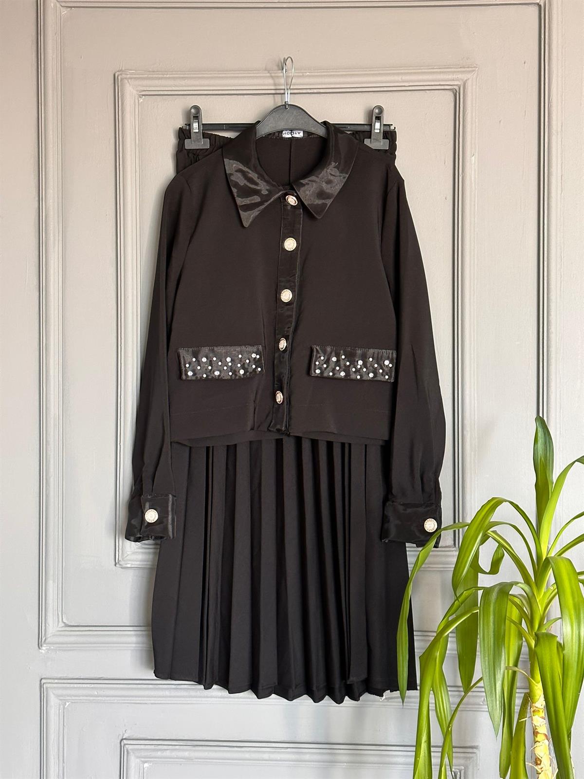 PİLİSE ETEKLİ TAKIM - SİYAH