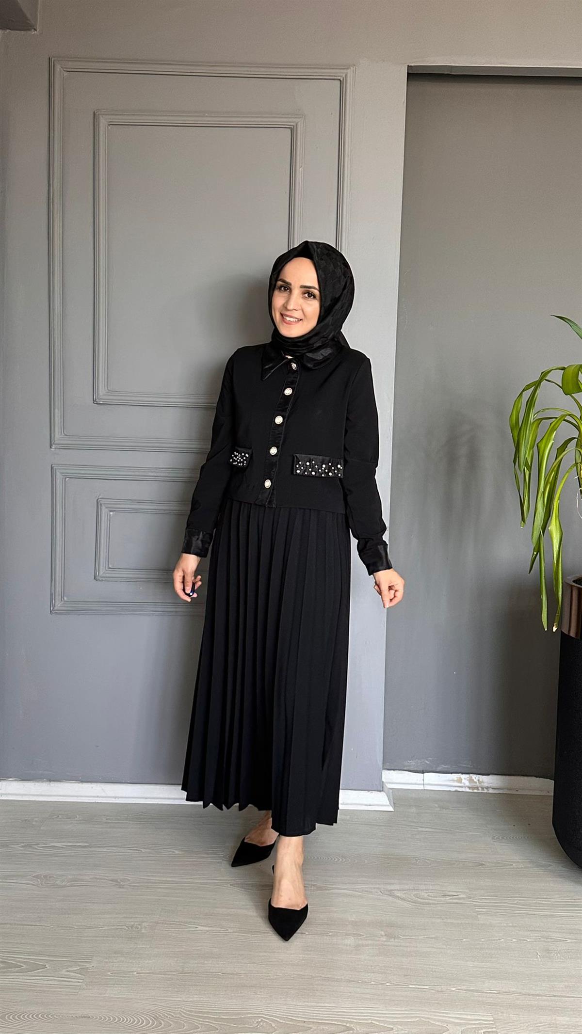 PİLİSE ETEKLİ TAKIM - SİYAH