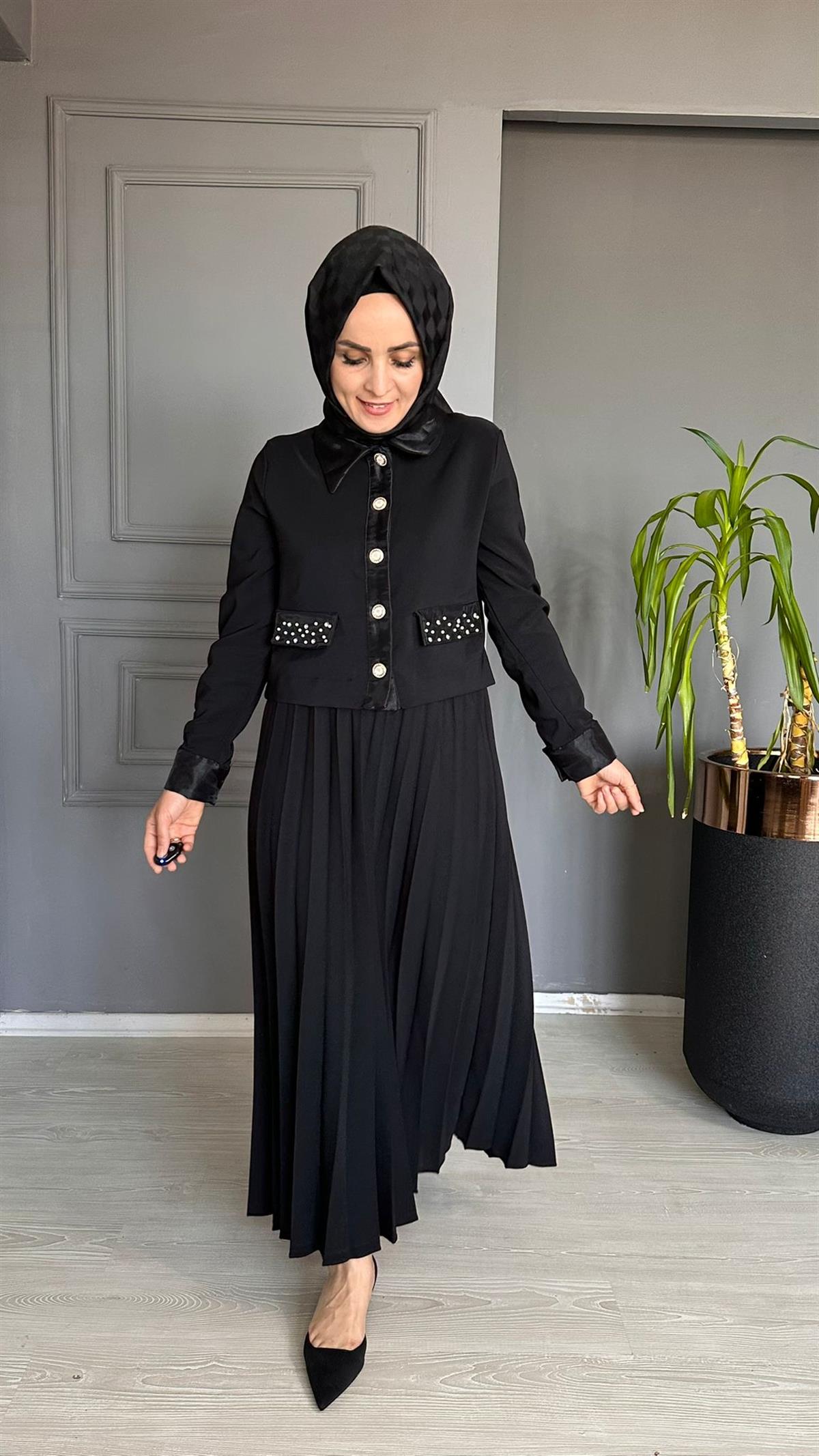 PİLİSE ETEKLİ TAKIM - SİYAH