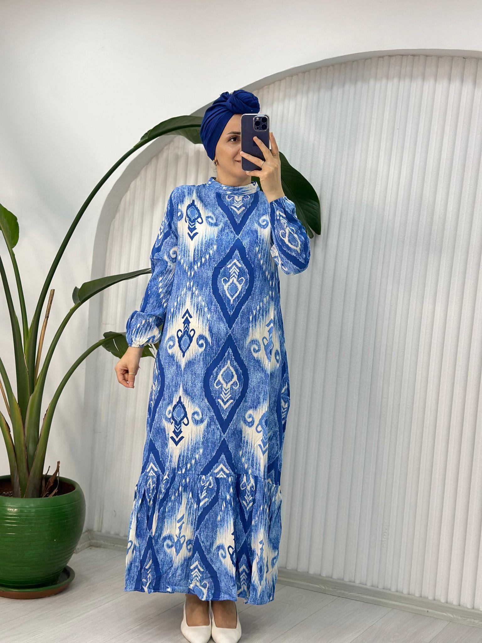 SEMBOL DESEN MAVİ ELBİSE 