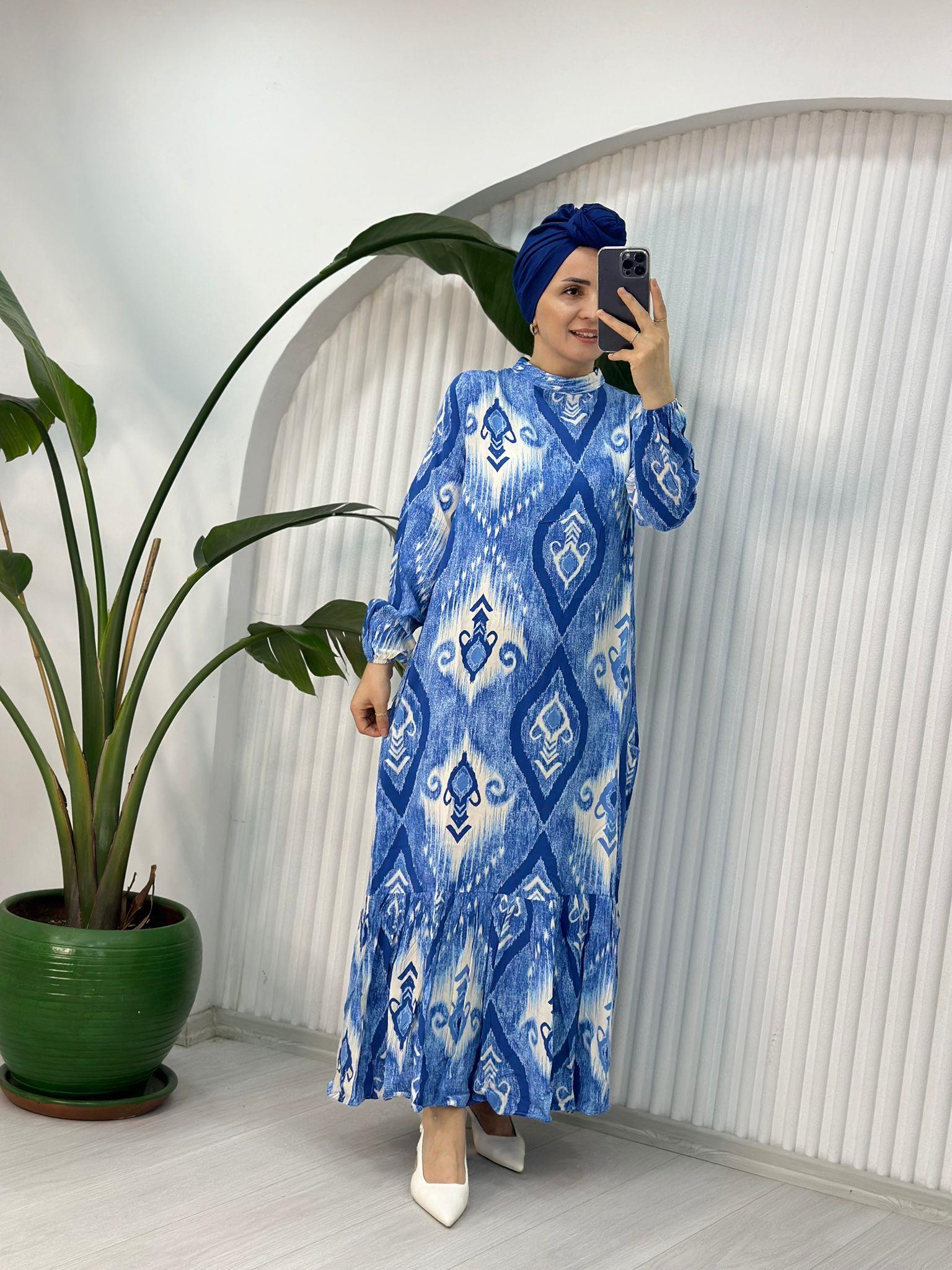 SEMBOL DESEN MAVİ ELBİSE 