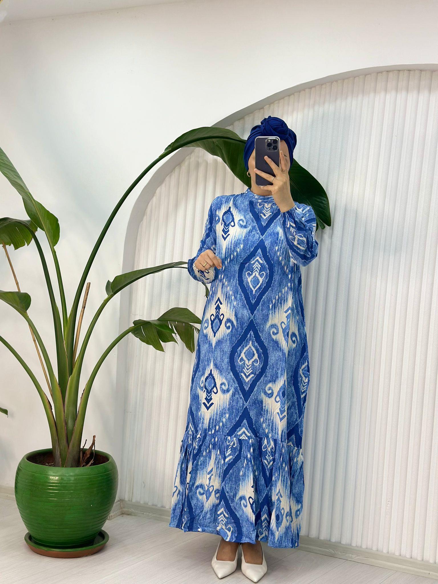 SEMBOL DESEN MAVİ ELBİSE 