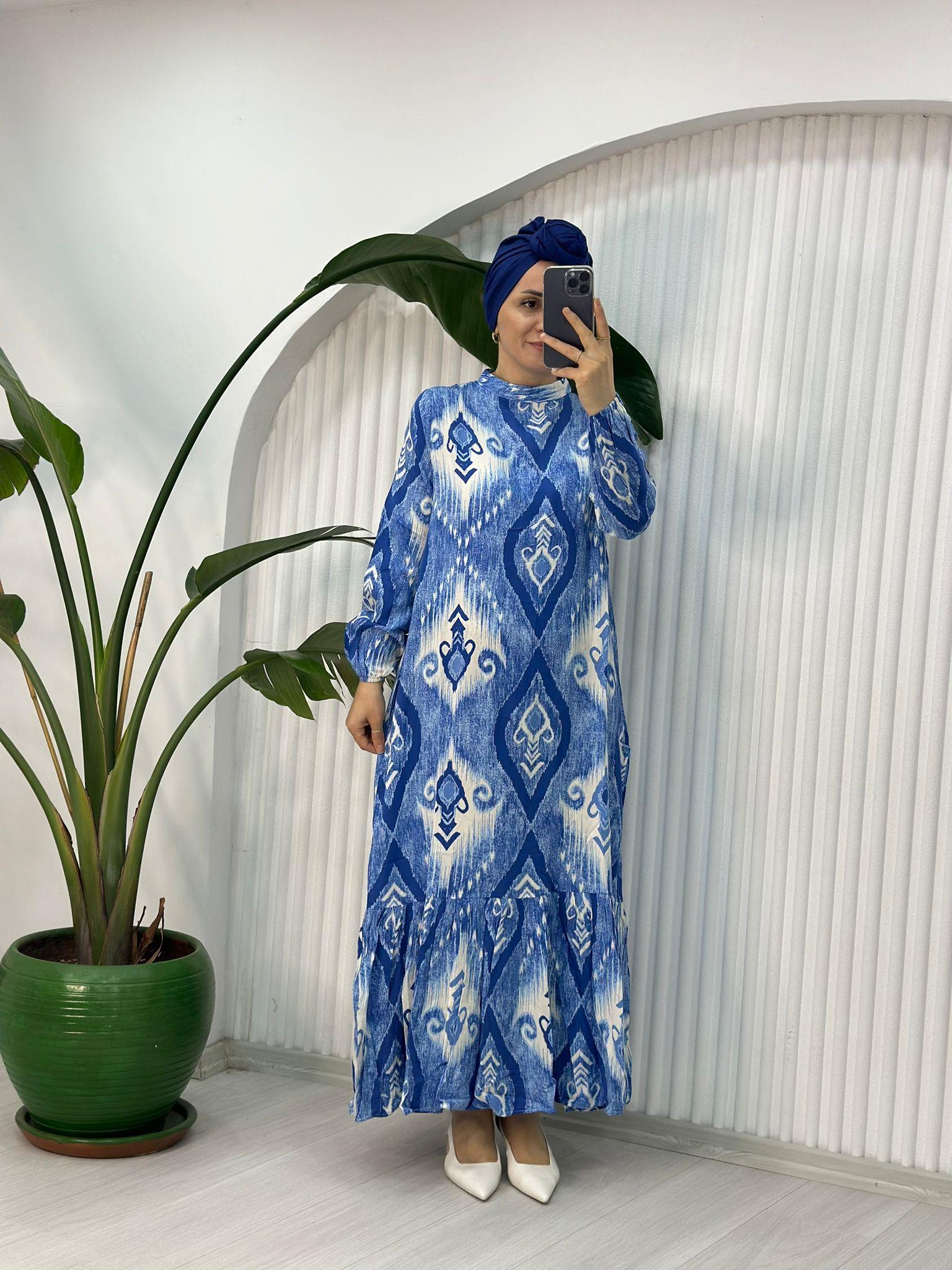 SEMBOL DESEN MAVİ ELBİSE 