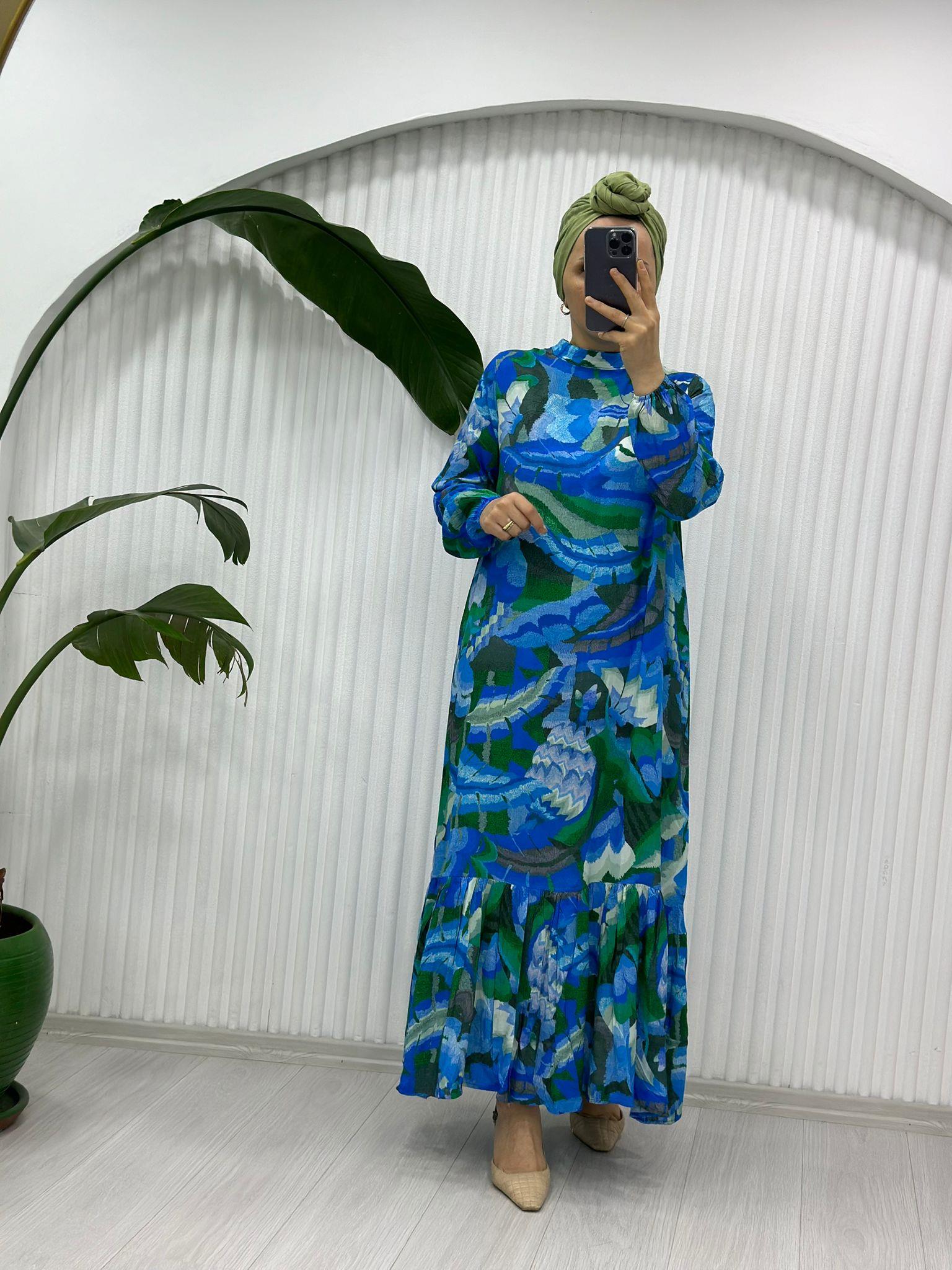 YAPRAK DESENLİ YEŞİL MAVİ ELBİSE 