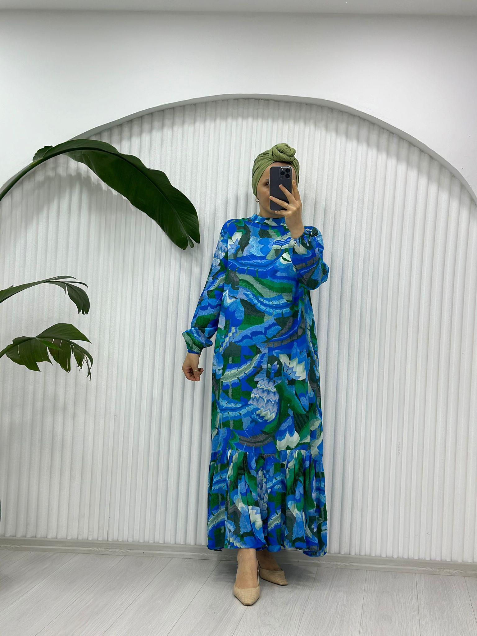 YAPRAK DESENLİ YEŞİL MAVİ ELBİSE 