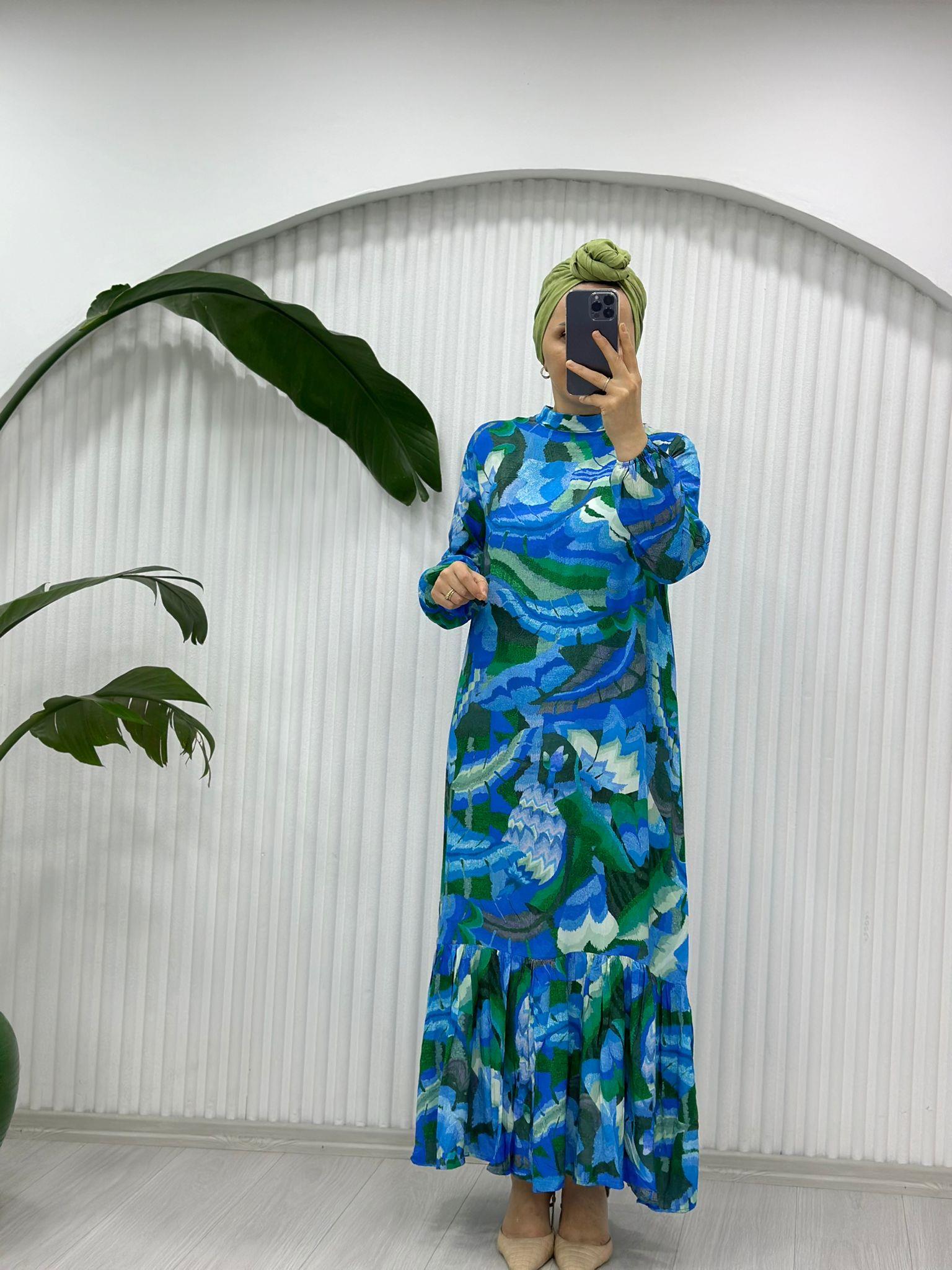 YAPRAK DESENLİ YEŞİL MAVİ ELBİSE 