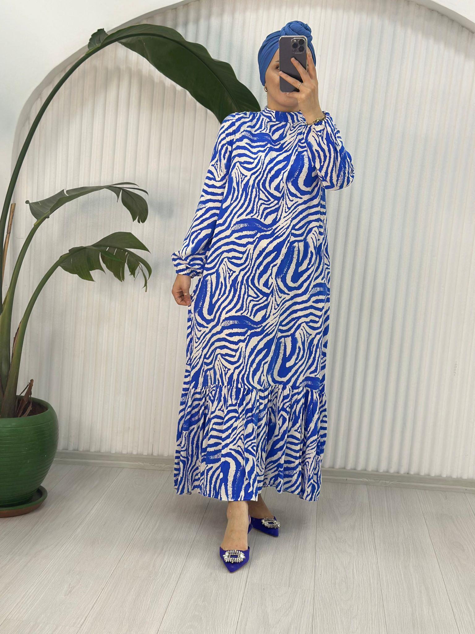 ZEBRA DESEN MAVİ BEYAZ ELBİSE 