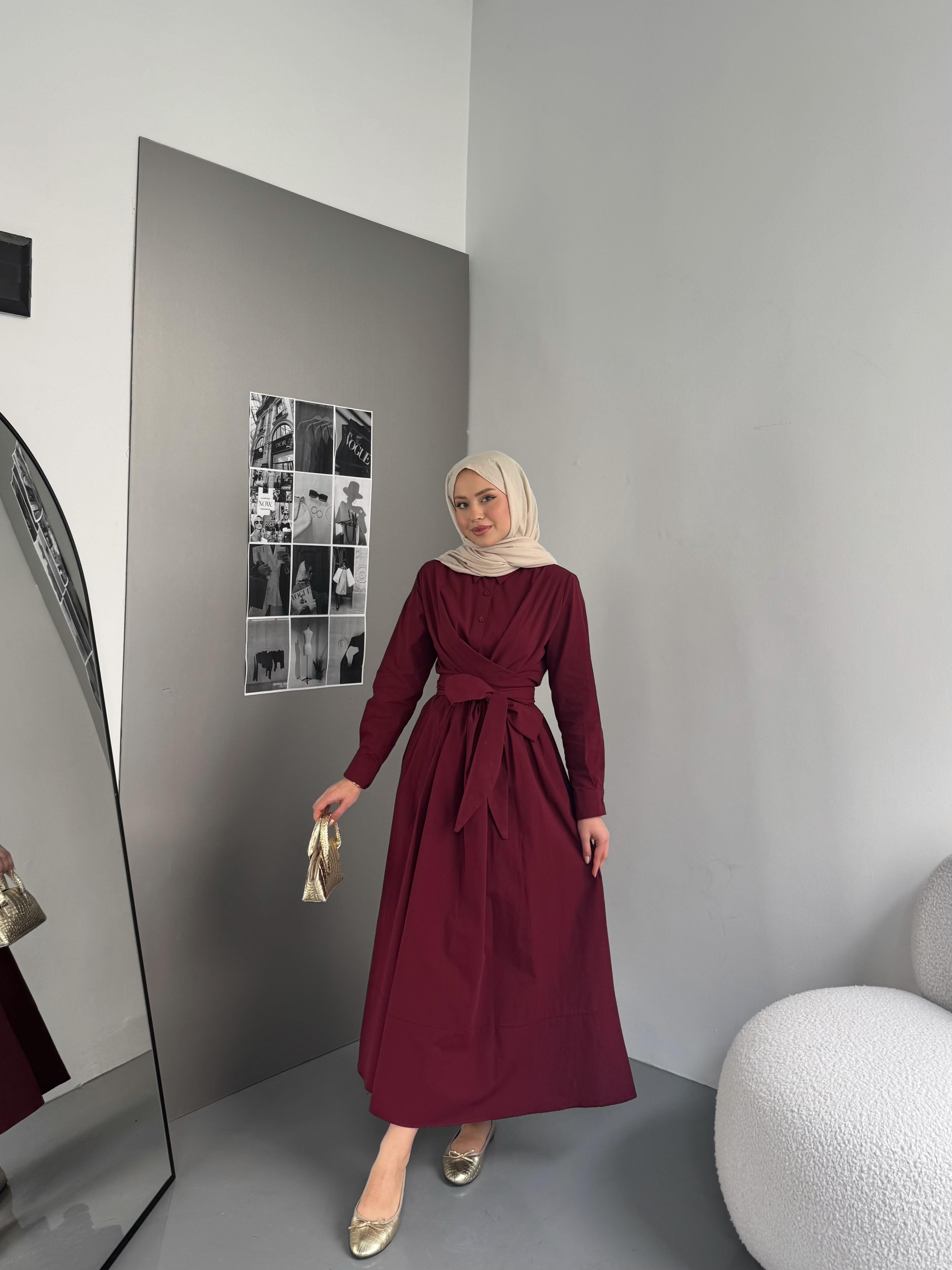 Belden Bağlamalı Poplin Elbise Bordo