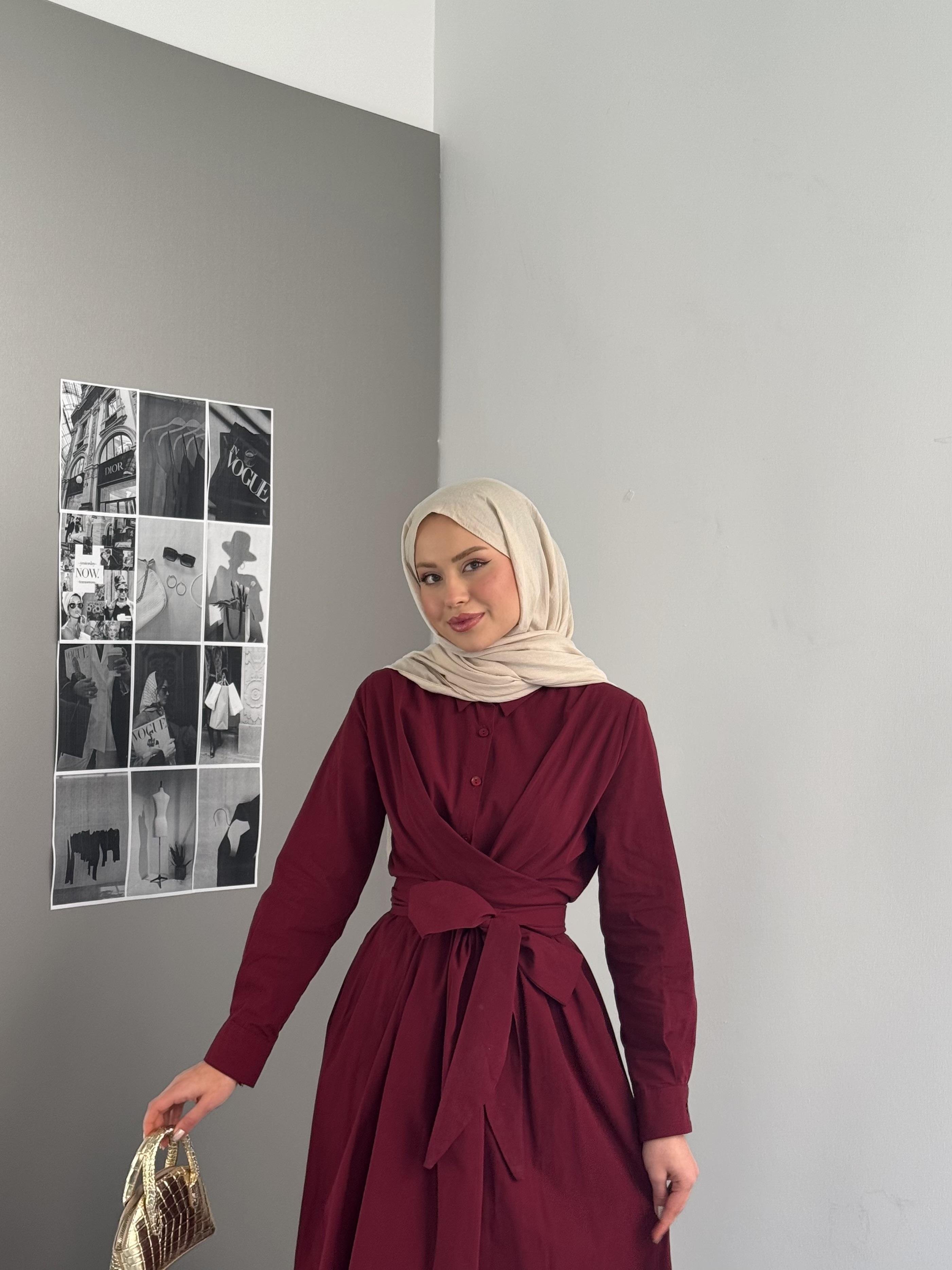 Belden Bağlamalı Poplin Elbise Bordo