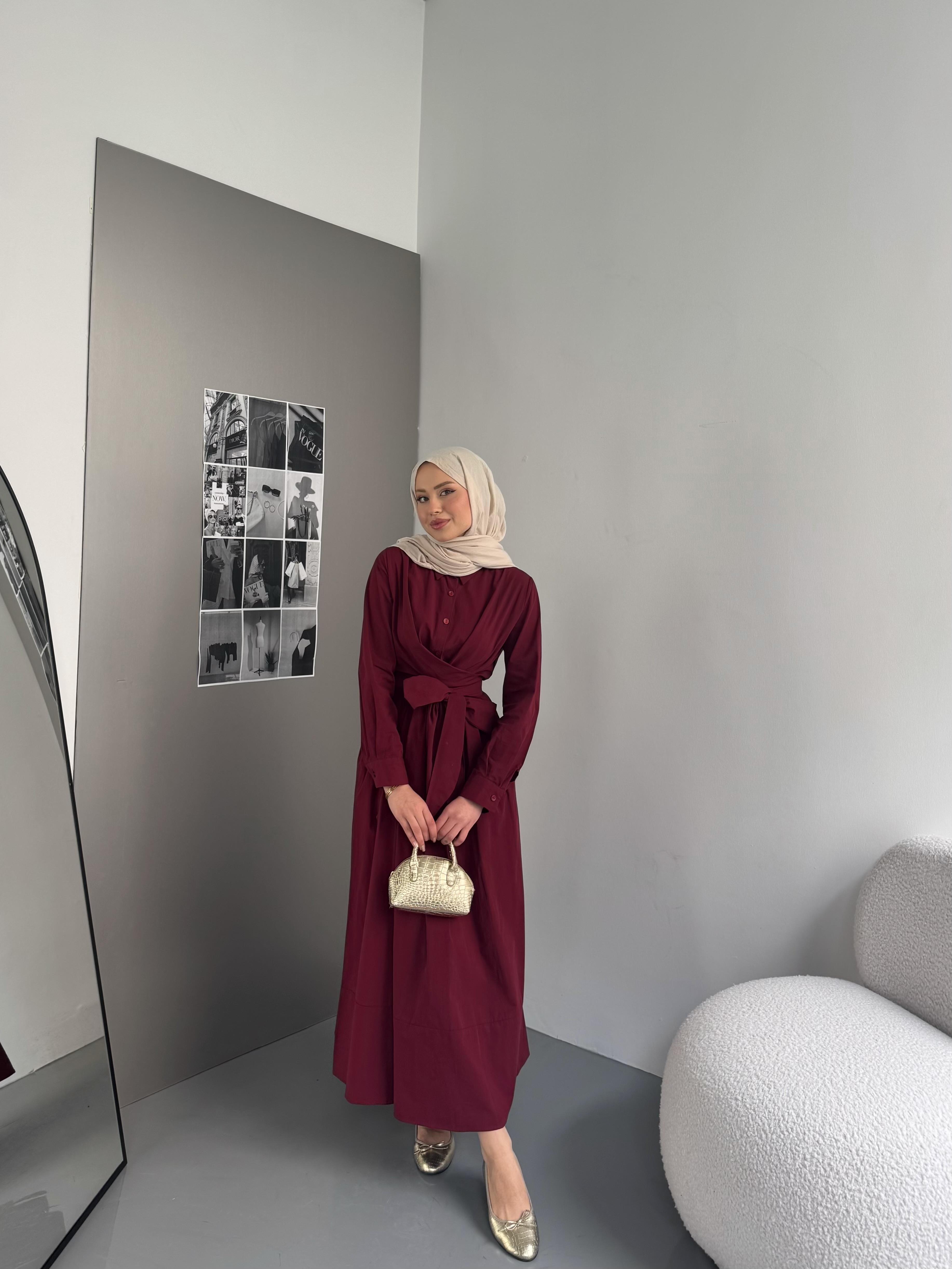 Belden Bağlamalı Poplin Elbise Bordo