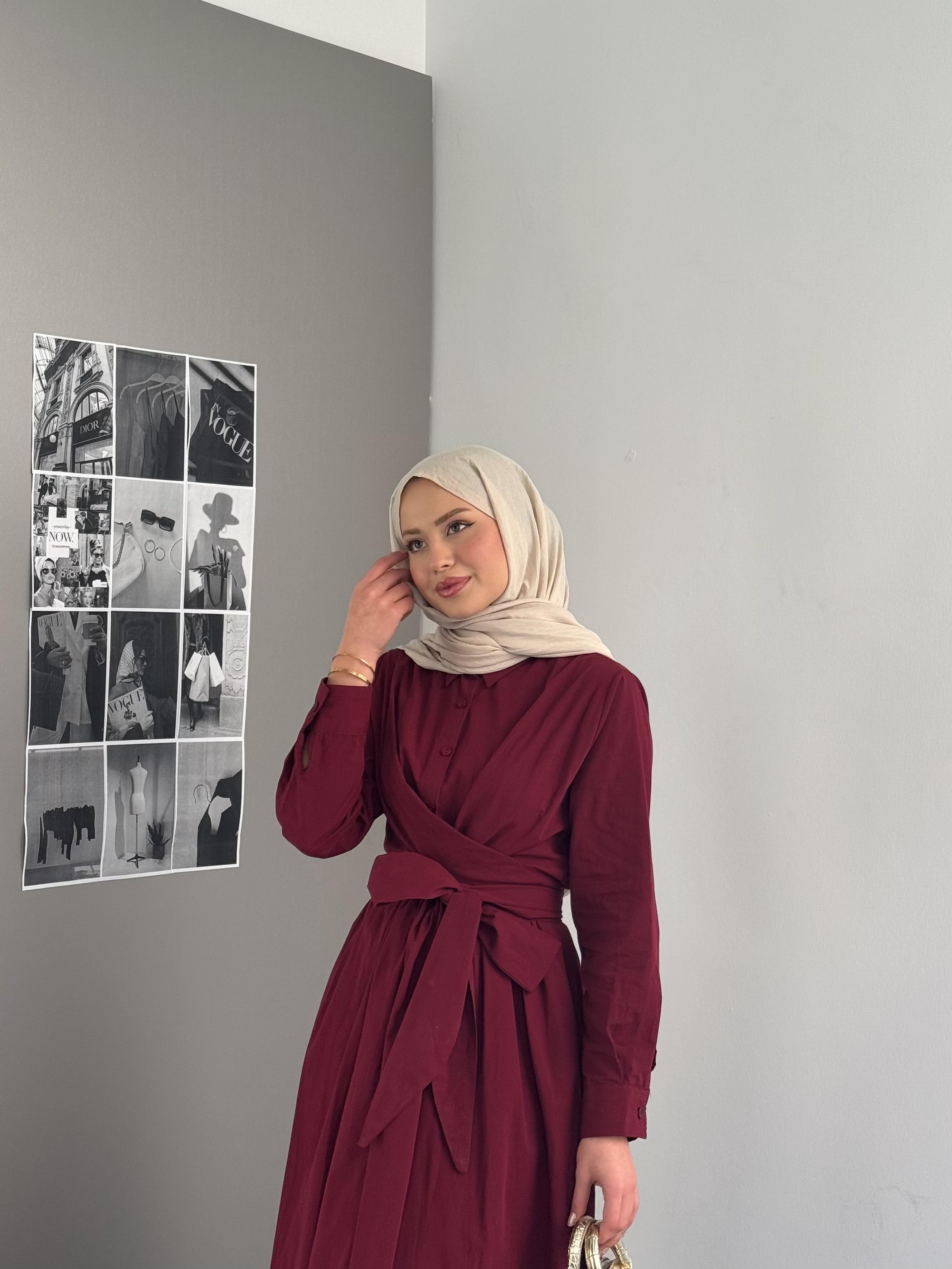 Belden Bağlamalı Poplin Elbise Bordo