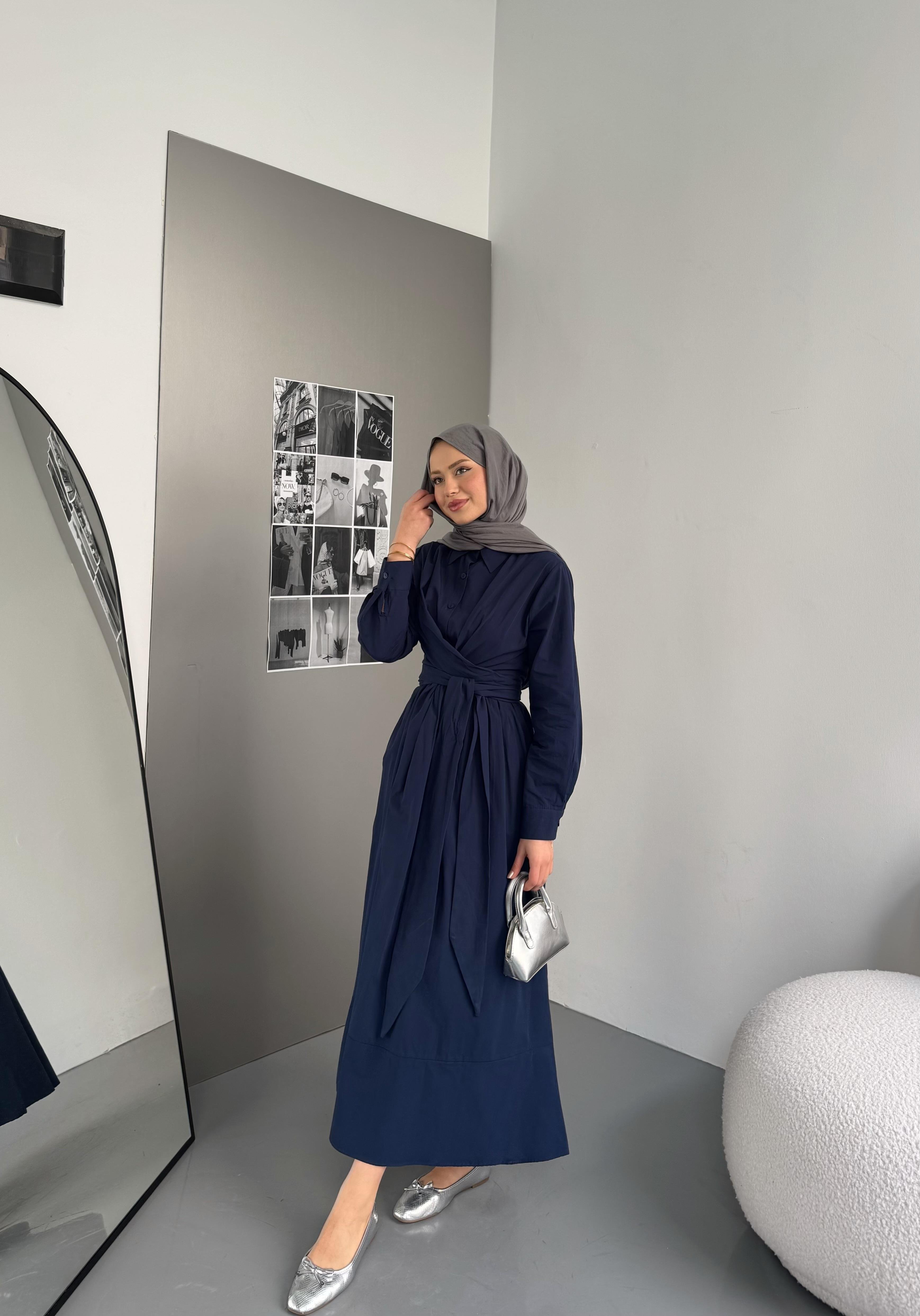 Belden Bağlamalı Poplin Elbise Lacivert