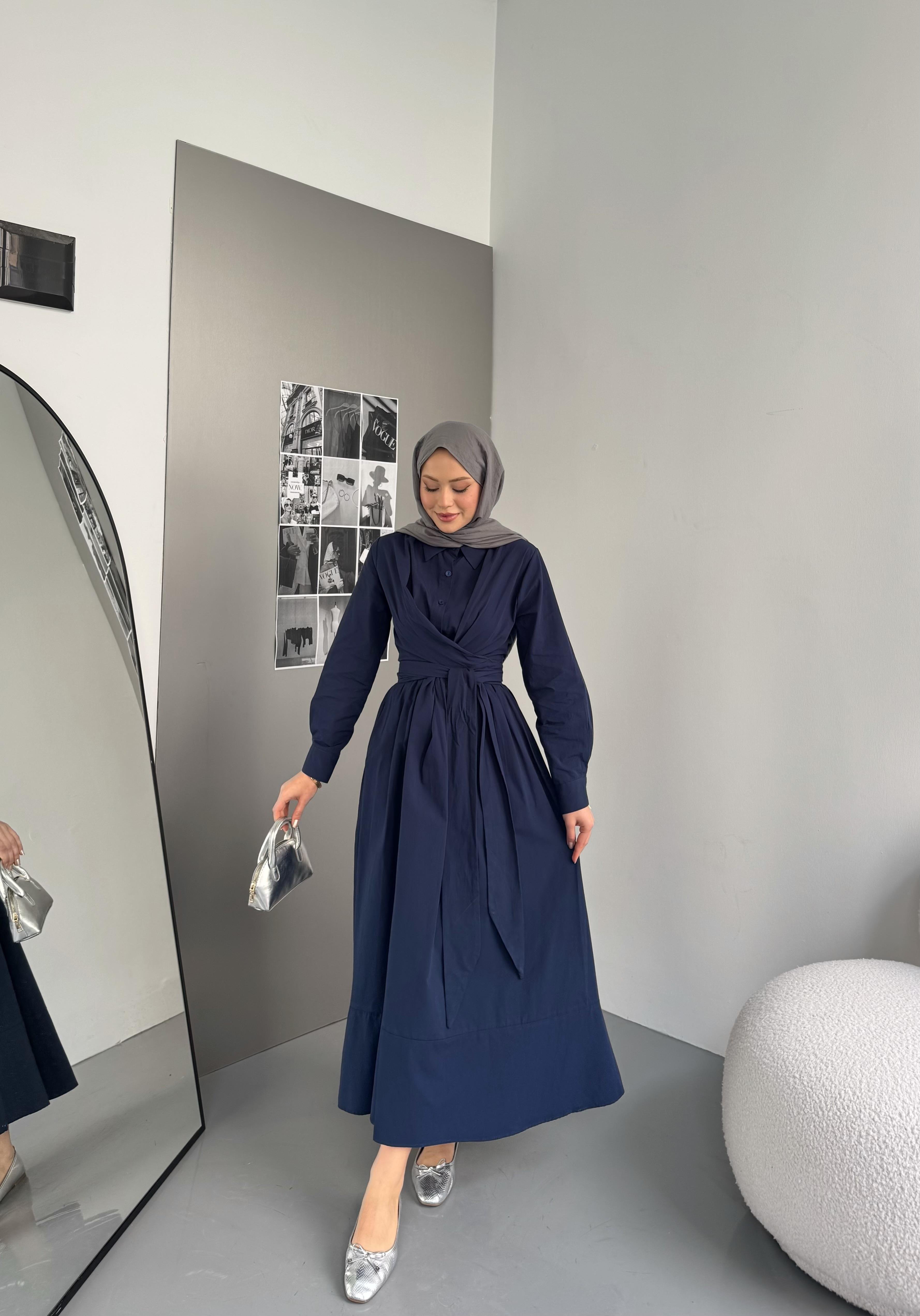 Belden Bağlamalı Poplin Elbise Lacivert